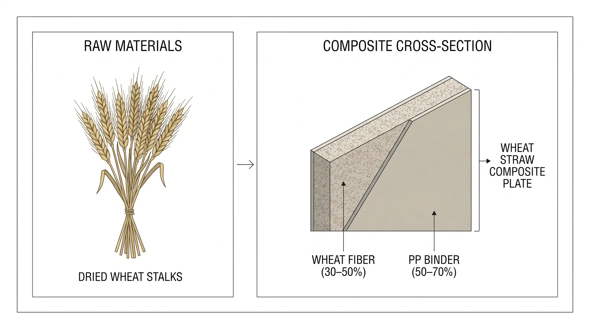 Cross-section diagram showing wheat straw fiber and polypropylene binder composition in a composite plate
