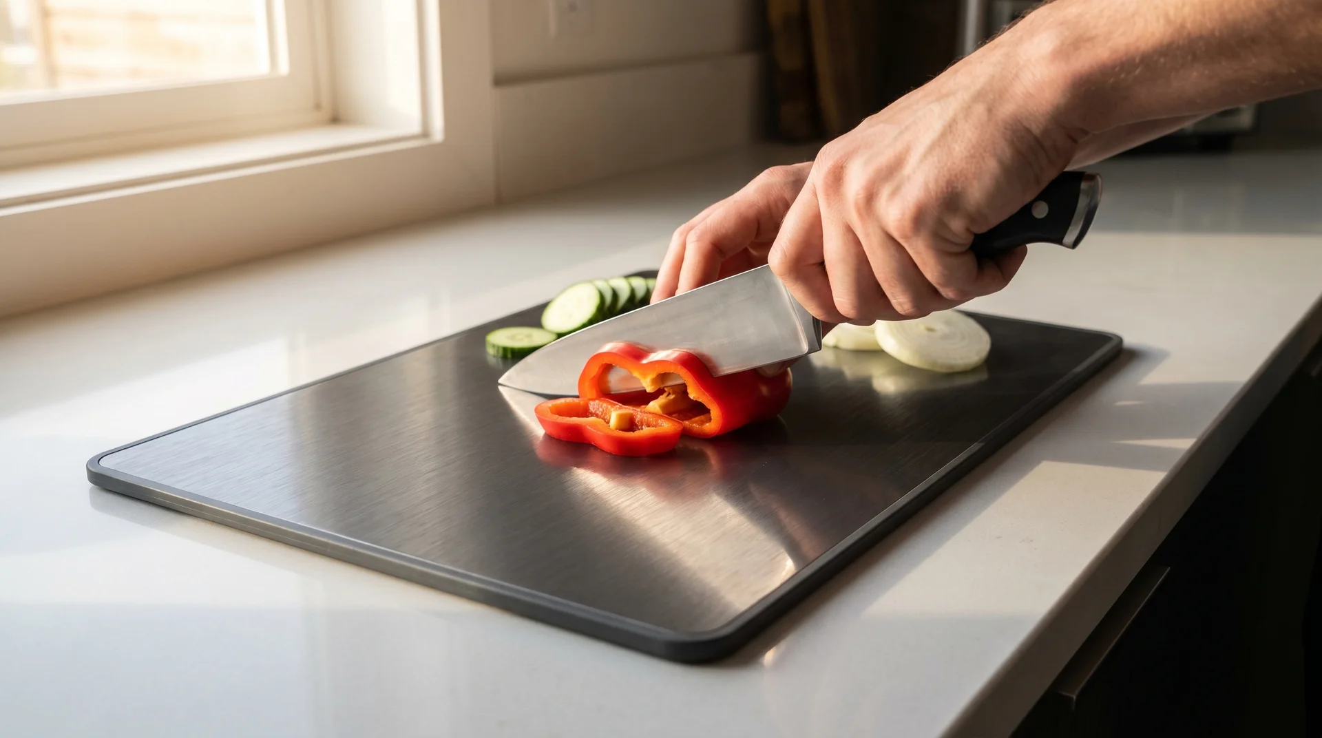 Cutting vegetables on a smooth titanium-coated cutting board