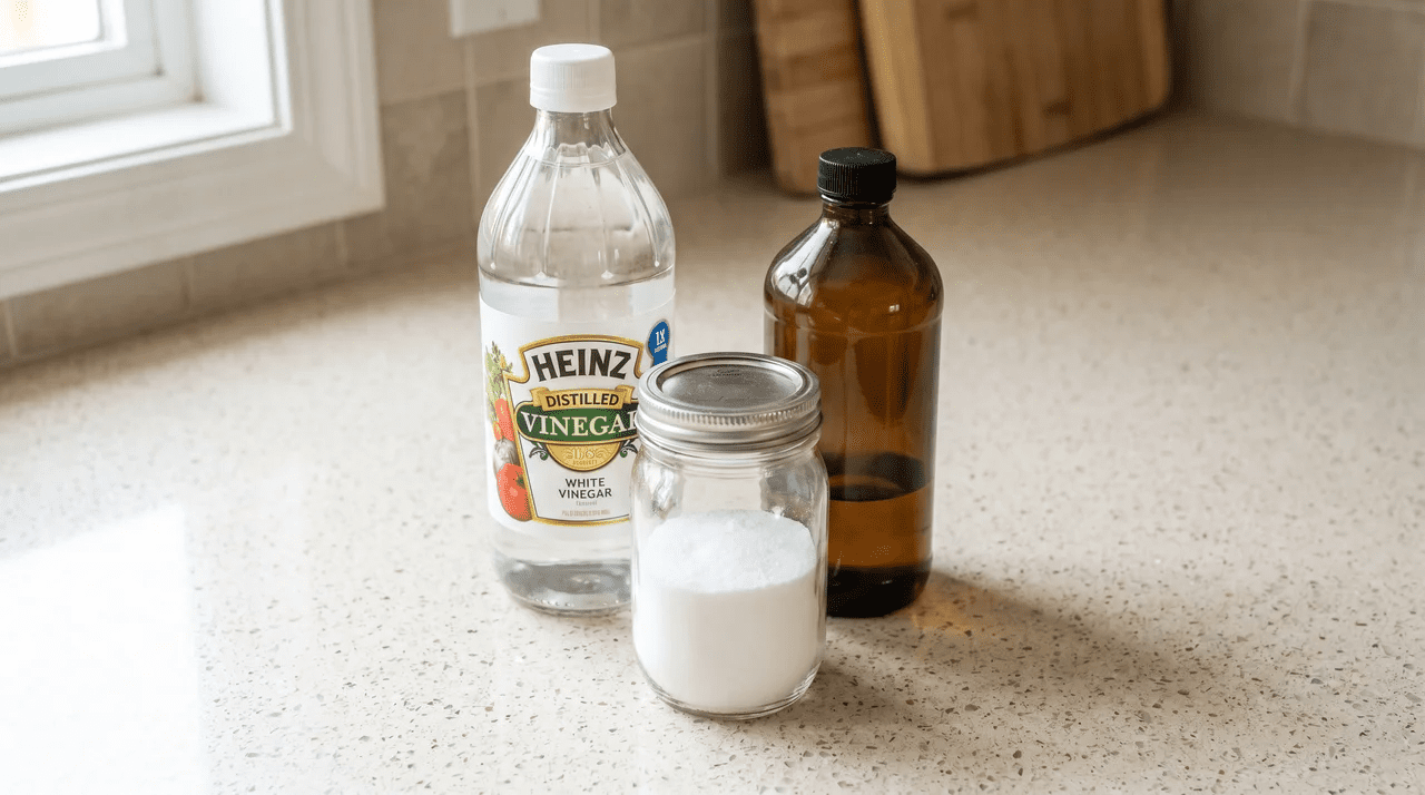 Bottle of distilled white vinegar, jar of citric acid powder, and brown hydrogen peroxide bottle on a kitchen counter