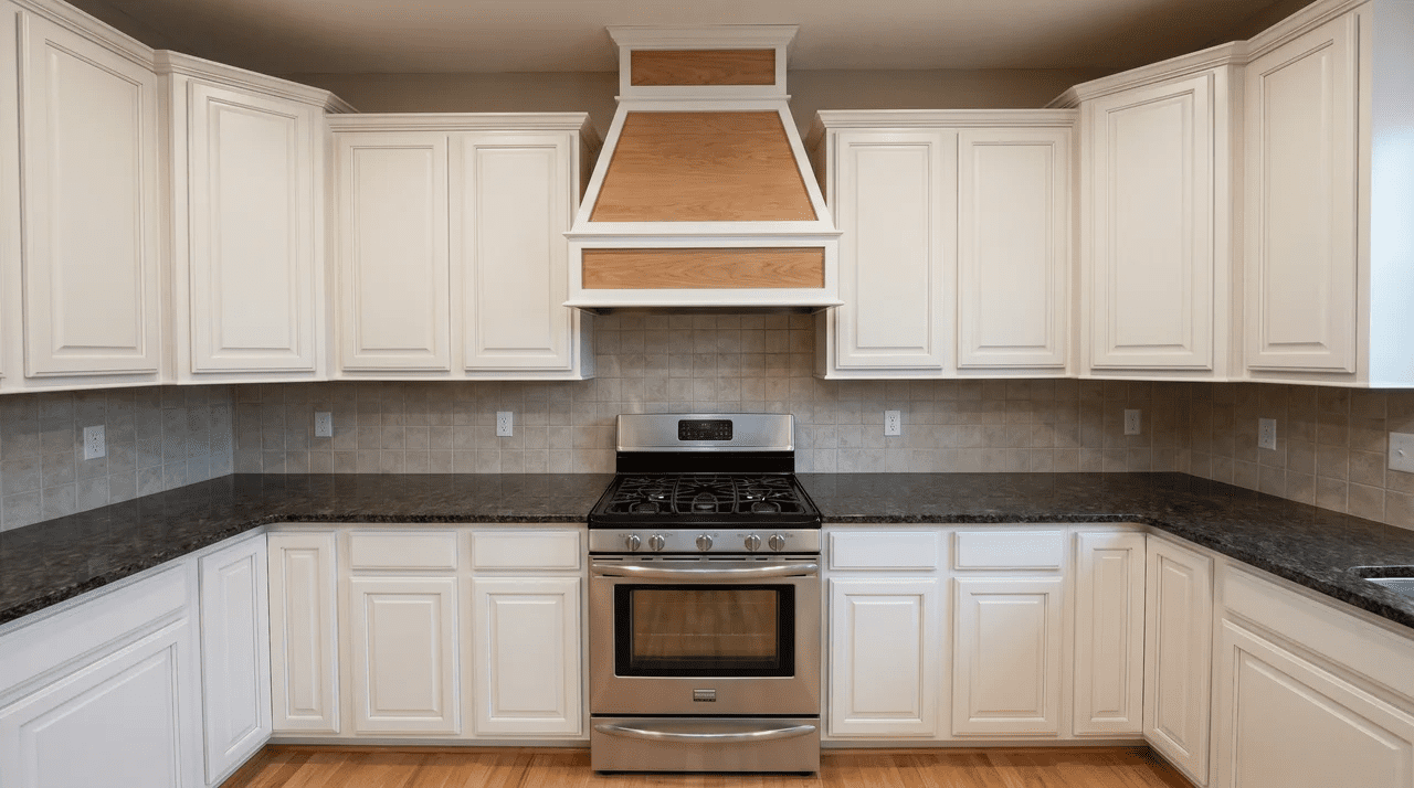 Completed custom wood range hood enclosure with flat painted trim panels mounted above a residential gas range