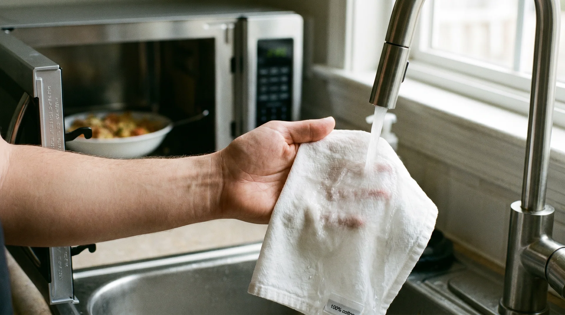 Dampening a white cotton napkin at the kitchen sink before placing it over food in the microwave
