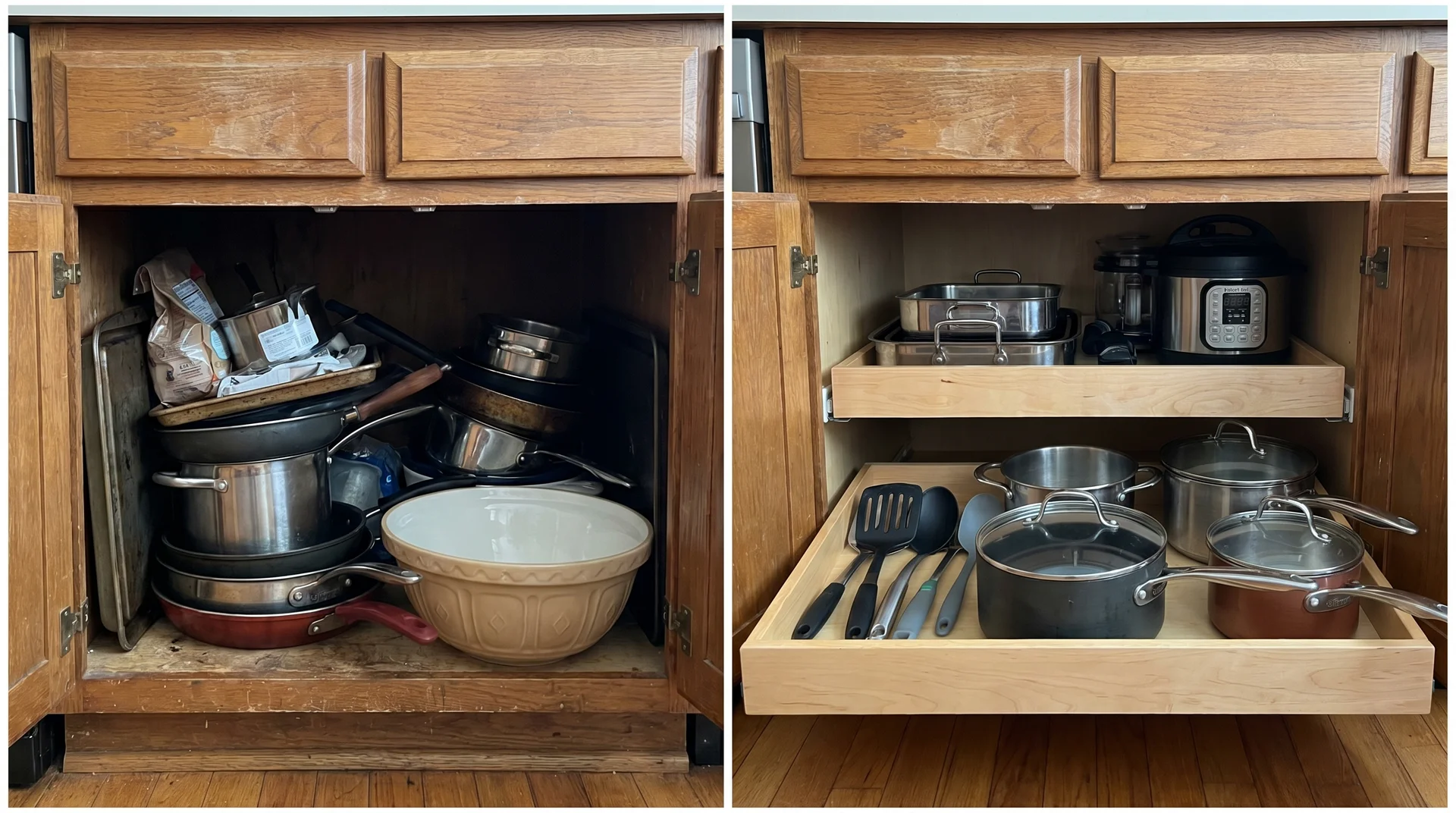 Deep kitchen cabinet before and after with pull-out shelf installed, contents organized front to back
