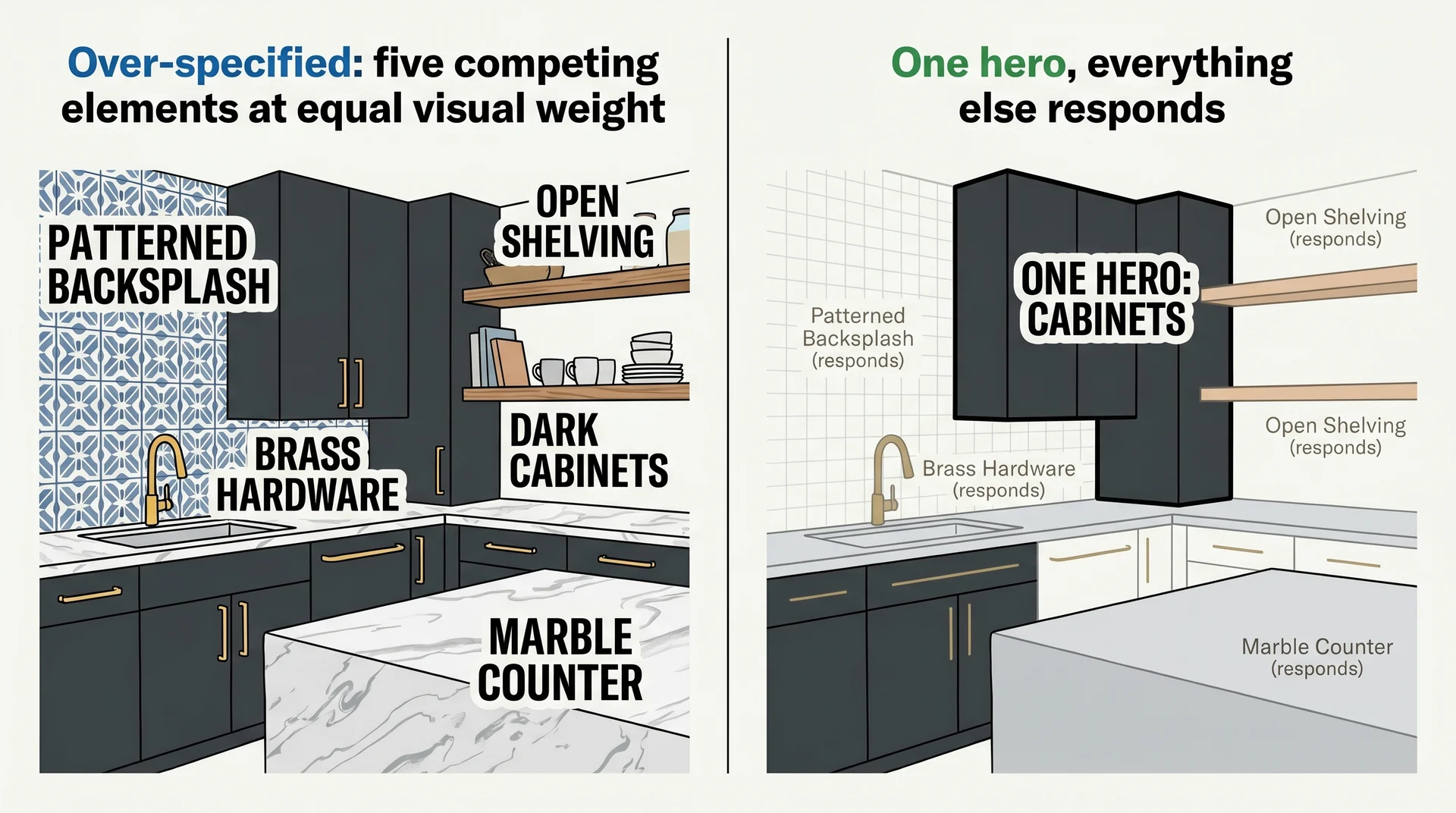 Diagram comparing over-specified kitchen versus one-hero design approach with labeled visual hierarchy
