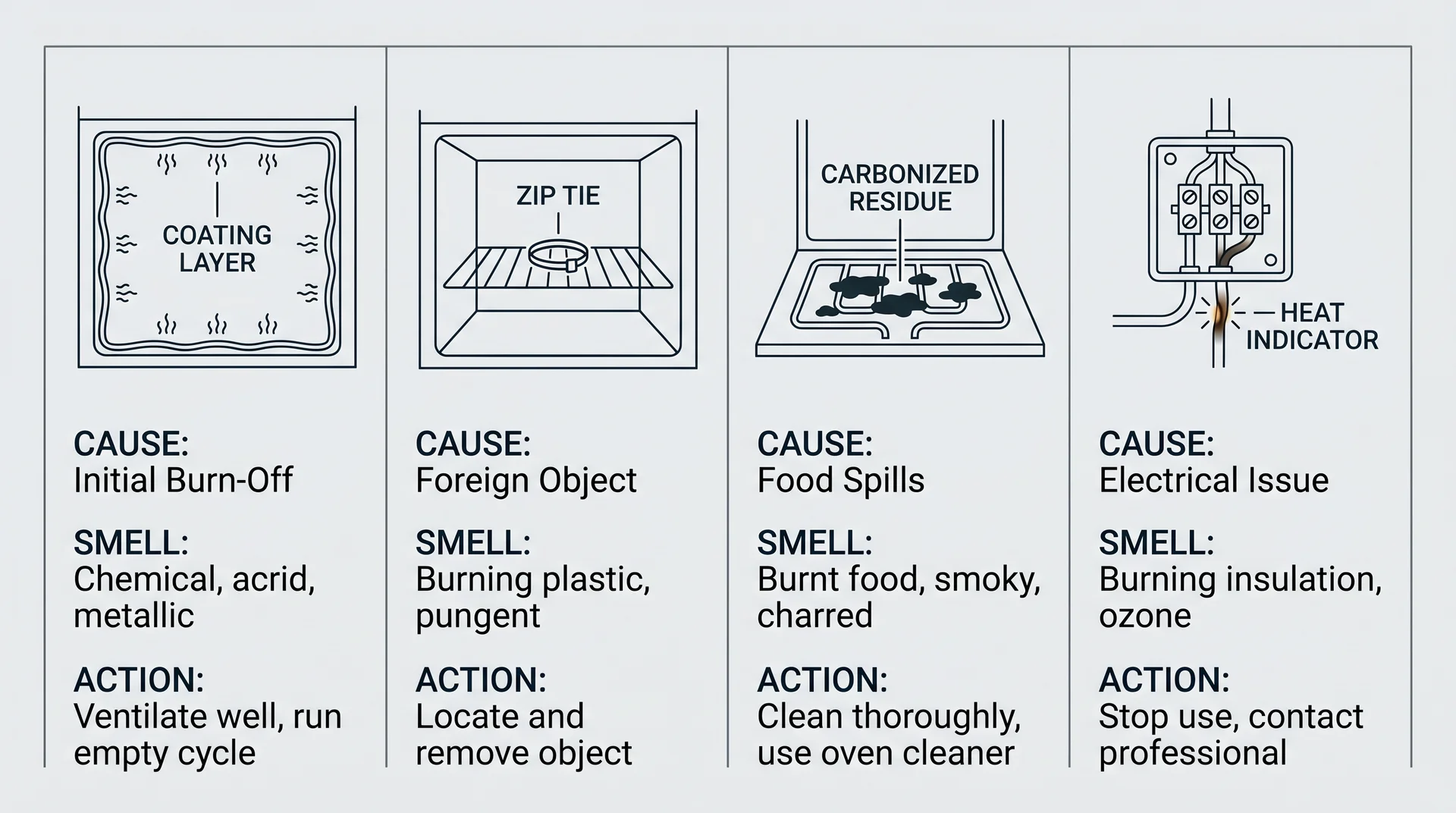 Diagram showing four causes of burning plastic smell in oven — off-gassing, melted plastic, grease buildup, electrical fault