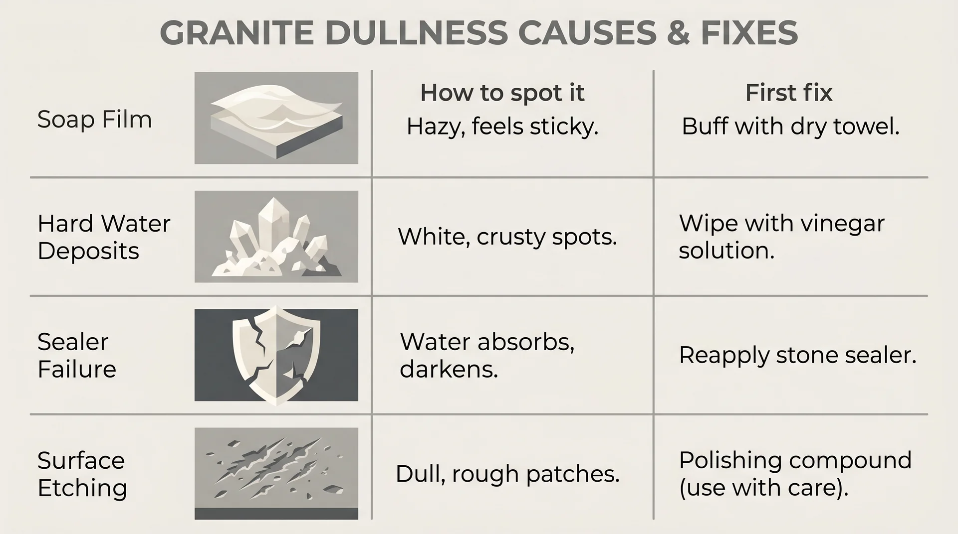 Diagram showing four causes of dull granite with diagnostic tests and fixes