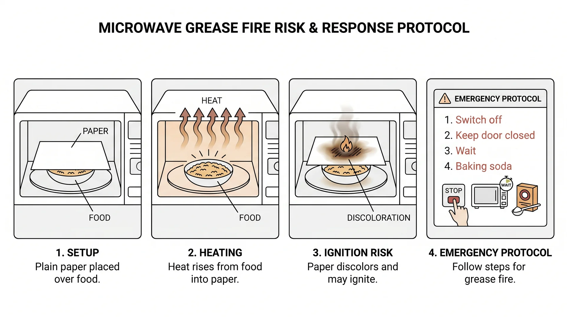 Diagram showing how paper catches fire in a microwave through food heat transfer and the four-step emergency response