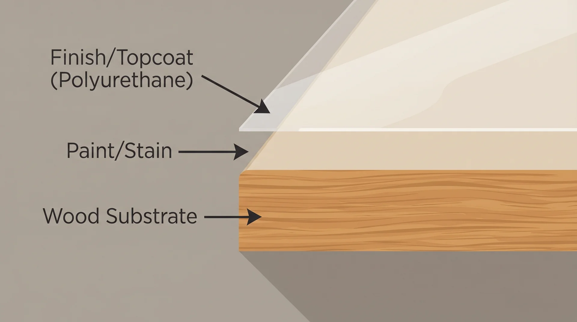Diagram showing layers of a cabinet finish: topcoat, stain,
and wood substrate