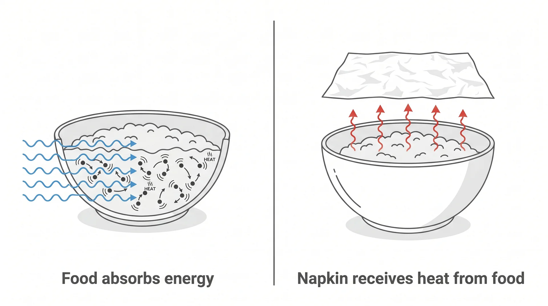 Diagram showing microwave energy heating food directly while heat transfers upward to a dry napkin as a secondary effect

