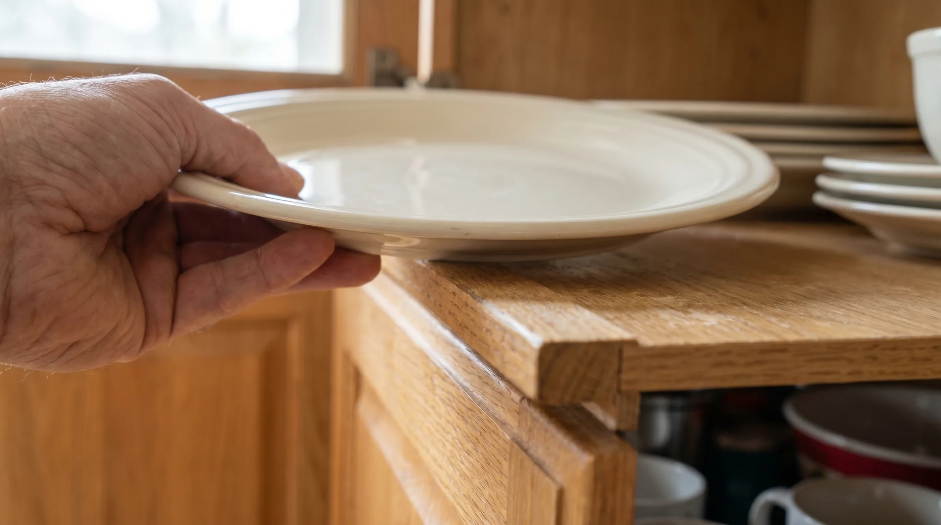 Dinner plate placed on a 12-inch kitchen upper cabinet shelf showing tight front-edge clearance

