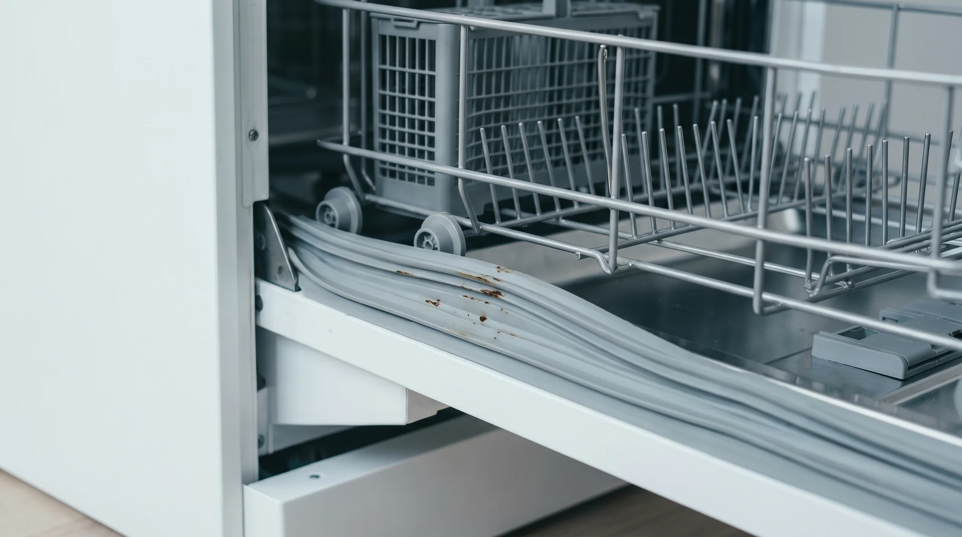 Dishwasher door gasket with mold growth in fold, viewed from inside an open residential dishwasher