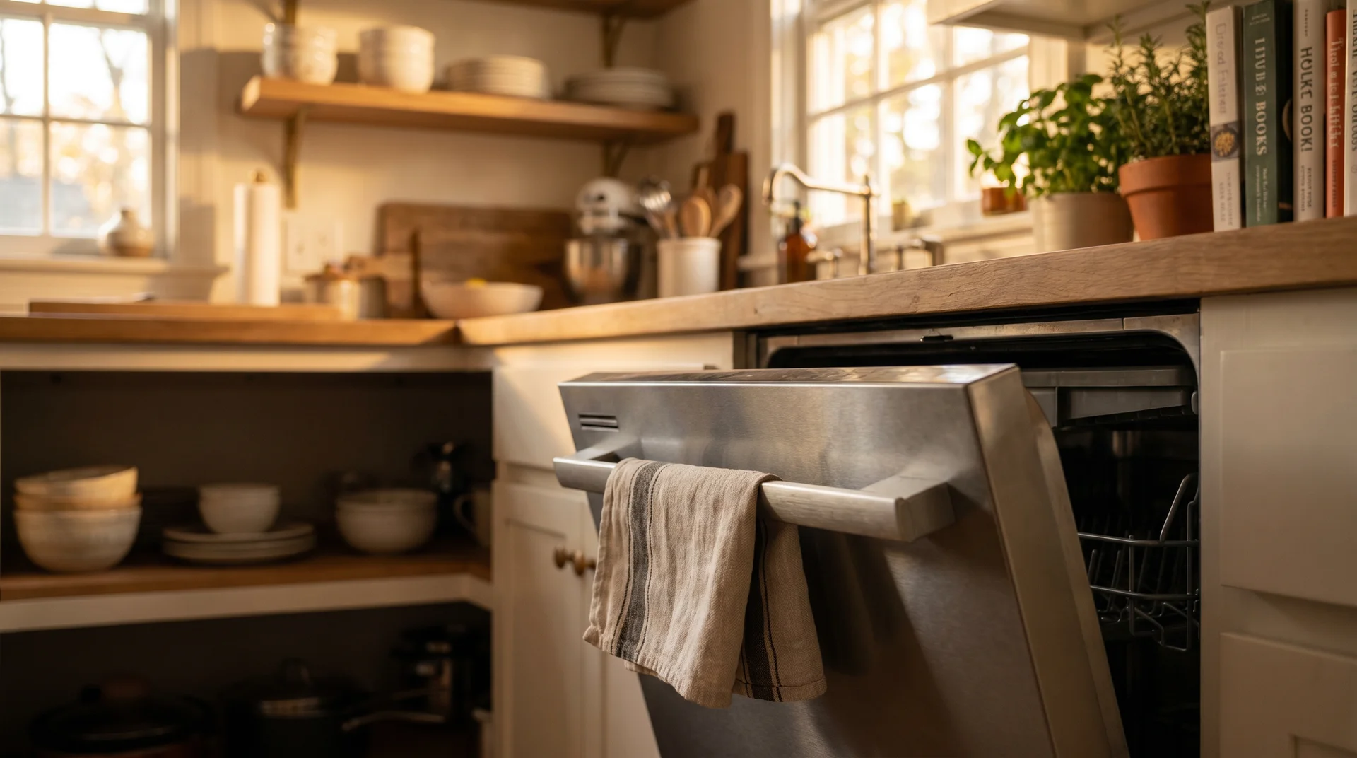 Dishwasher door left slightly ajar with a folded towel to allow interior drying and prevent mold