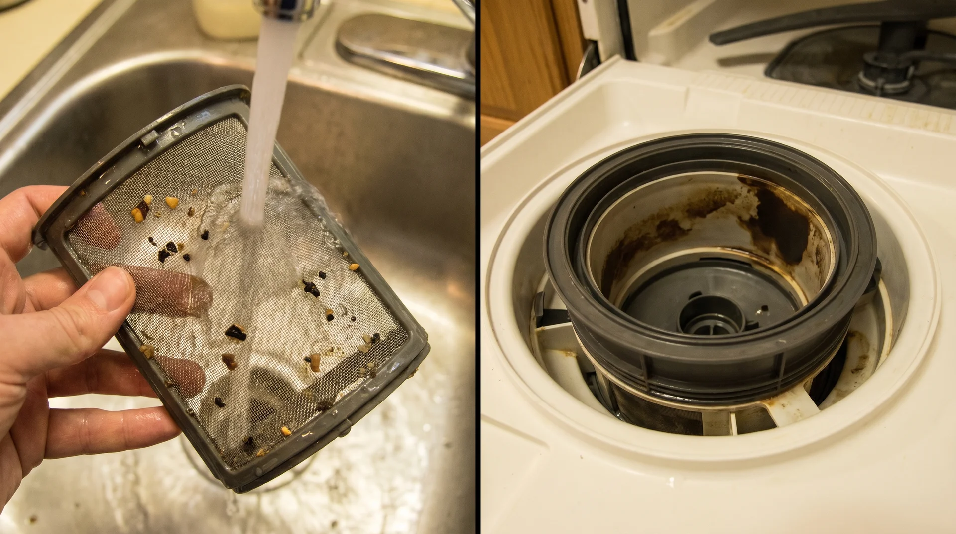 Dishwasher filter being cleaned under running water beside its colonized filter housing 