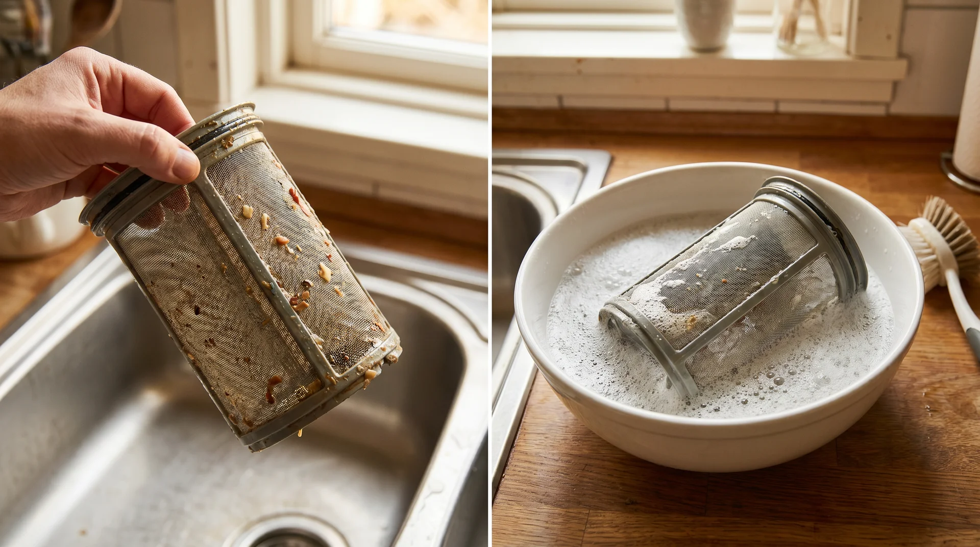 Dishwasher filter removed and soaking in soapy water for cleaning