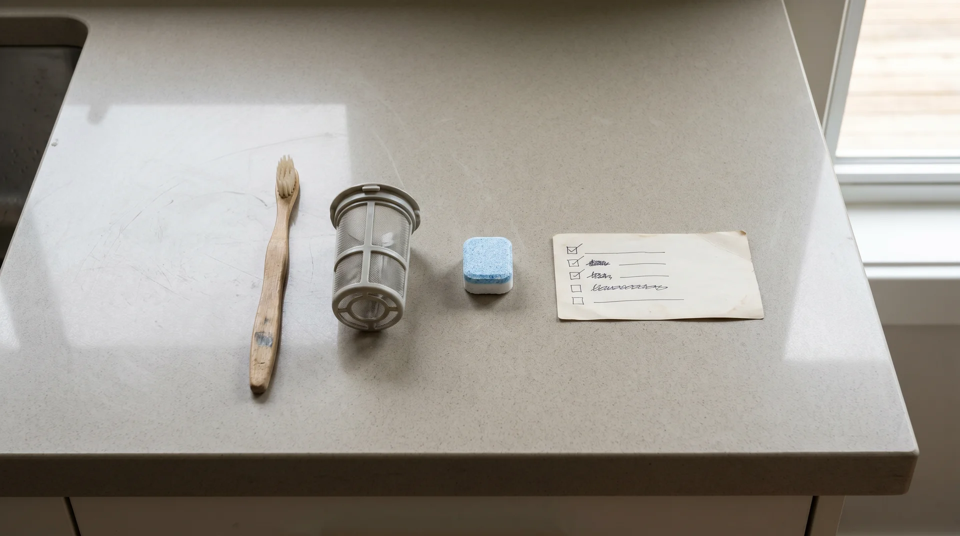 Dishwasher maintenance tools arranged on a kitchen counter: brush, filter, cleaner tablet, and checklist