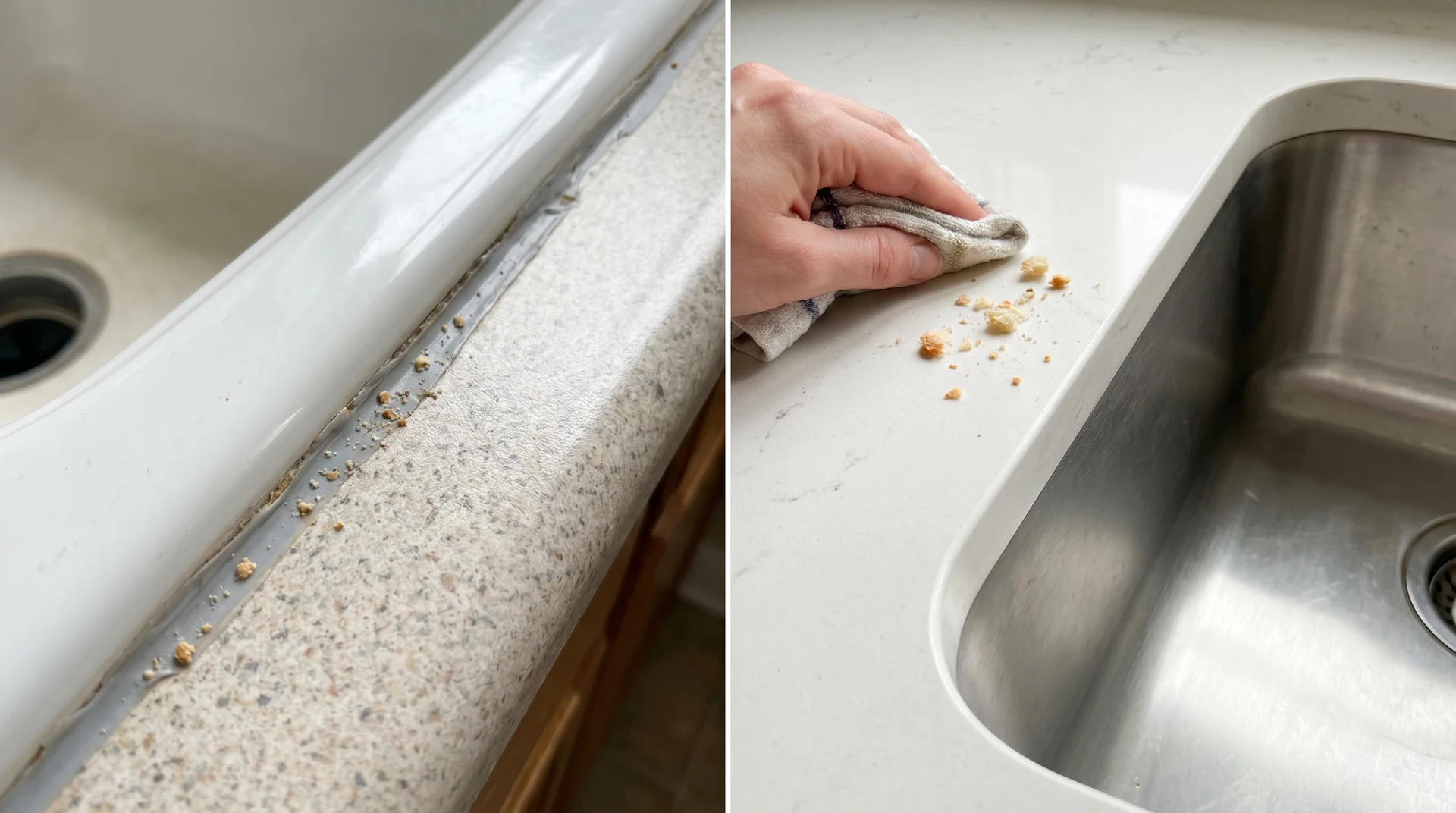 Drop-in sink caulk seam with buildup compared to hand sweeping crumbs into undermount sink with no rim
