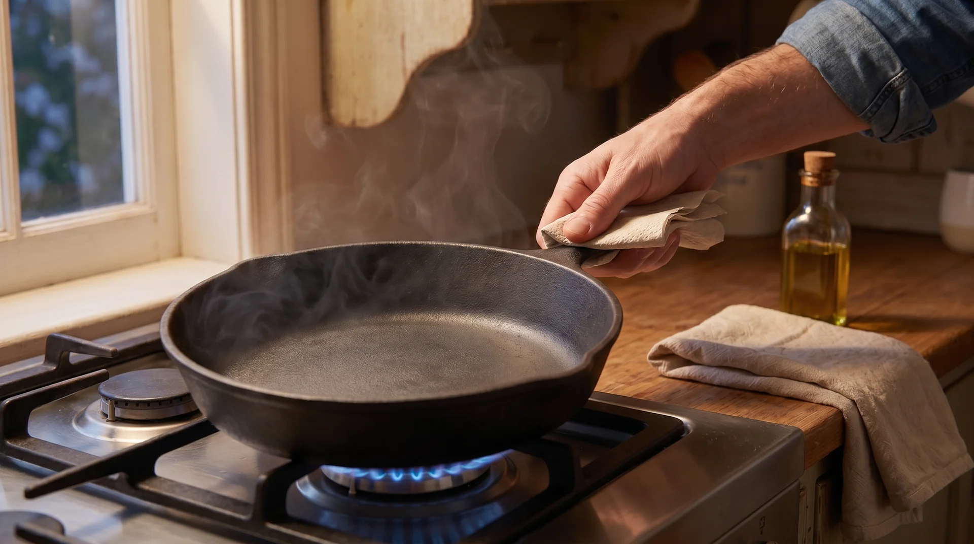 Drying restored cast iron skillet on stovetop after washing