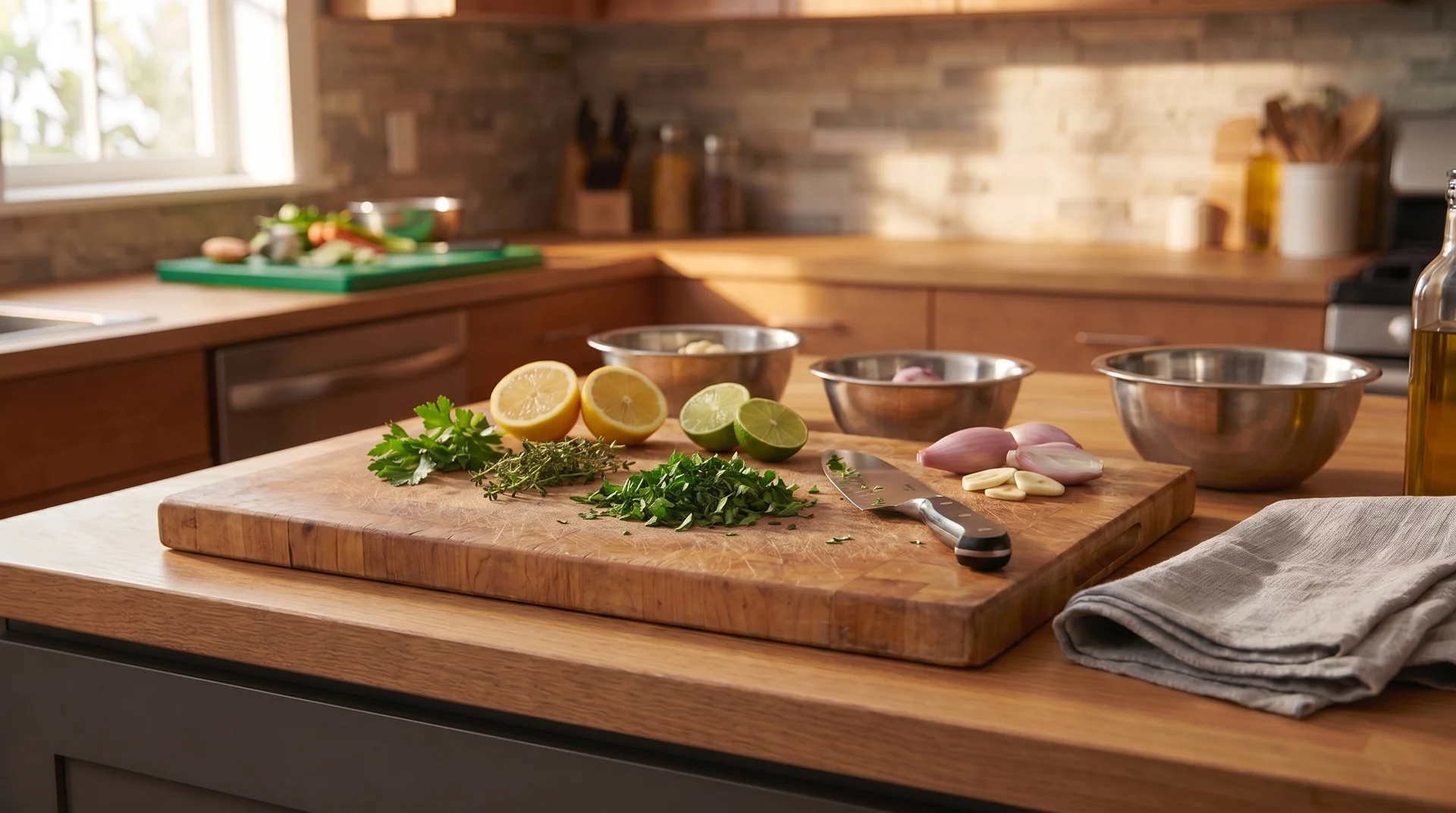 Edge-grain maple cutting board used in a home kitchen