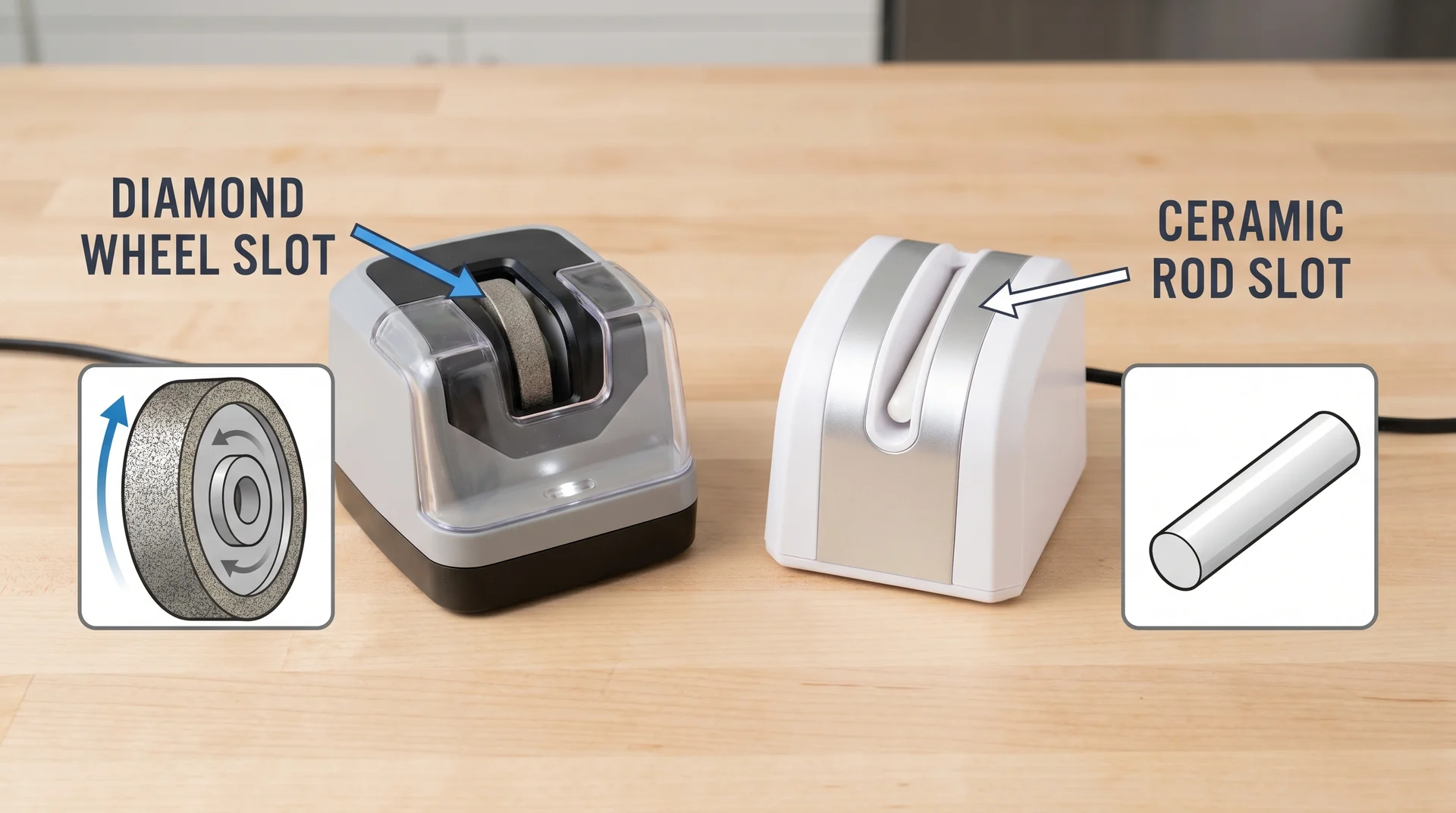 Electric knife sharpener with diamond wheel stage alongside a ceramic-rod-only sharpener — only one works on ceramic blades