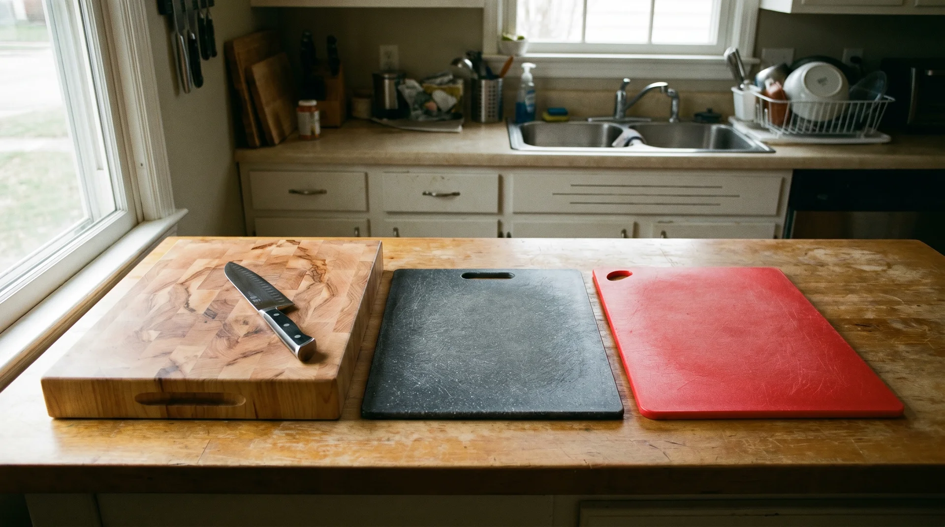 End-grain maple, composite, and plastic cutting boards compared on a home kitchen counter