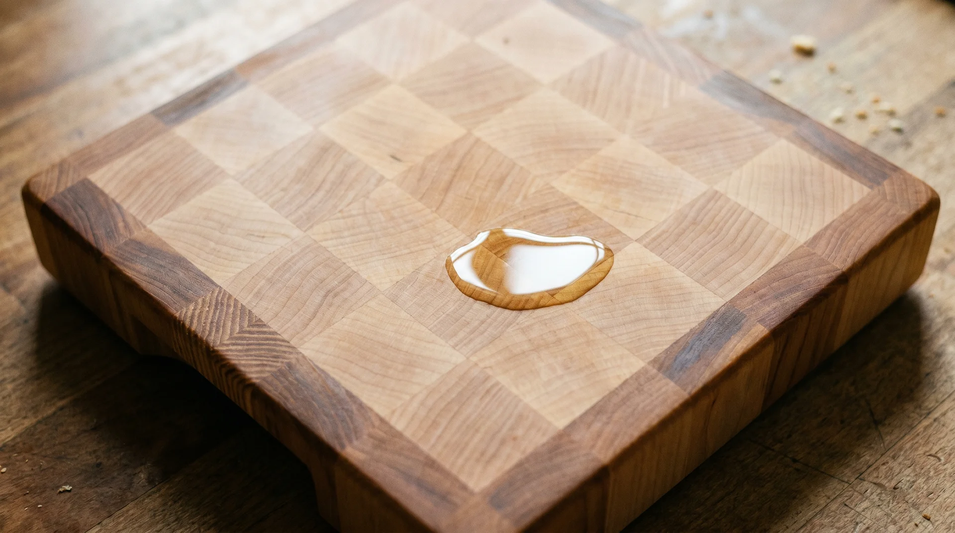 End-grain maple cutting board freshly oiled with food-grade mineral oil