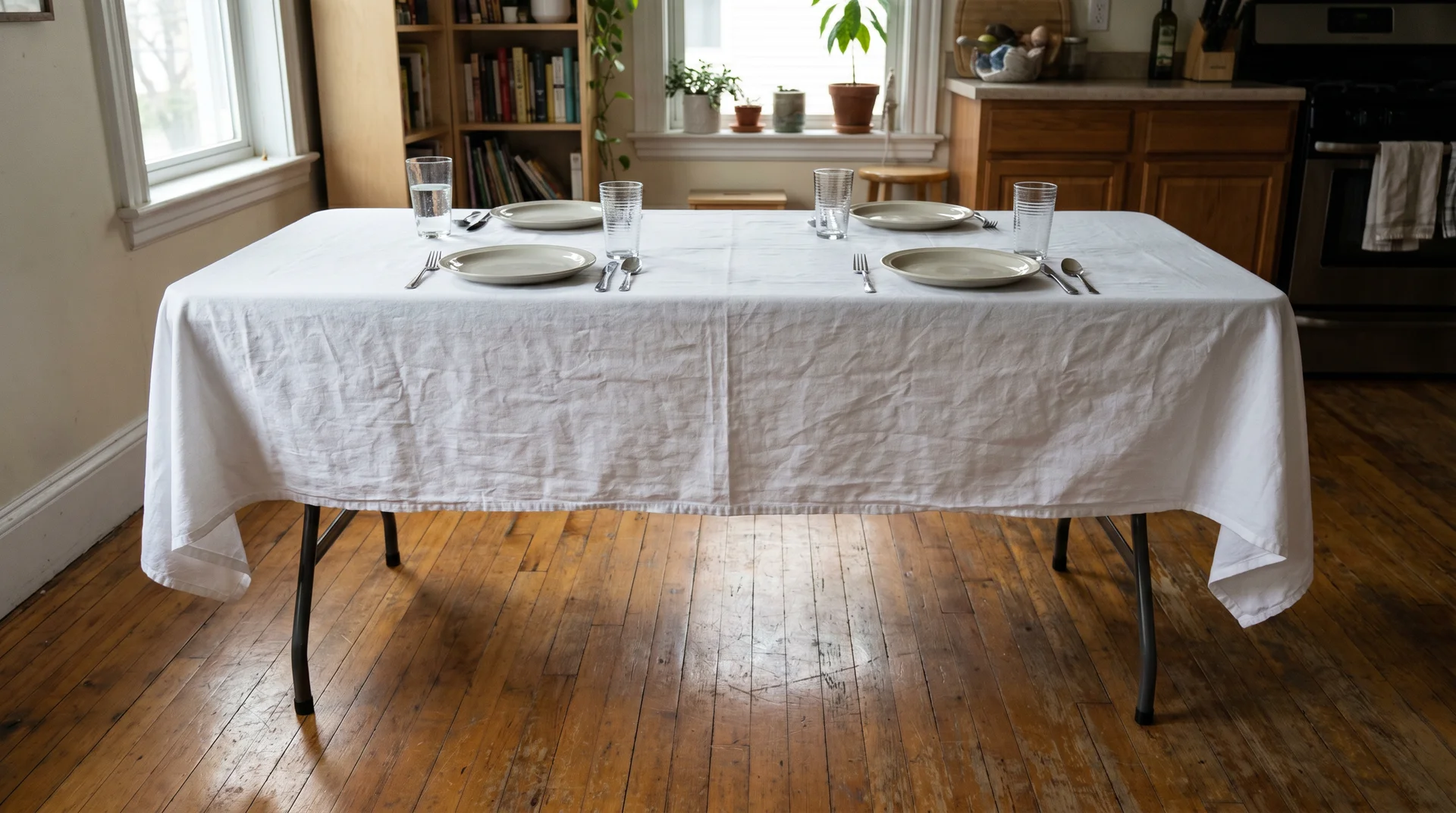 Even 15-inch drop on a white tablecloth covering a standard 6-foot folding table