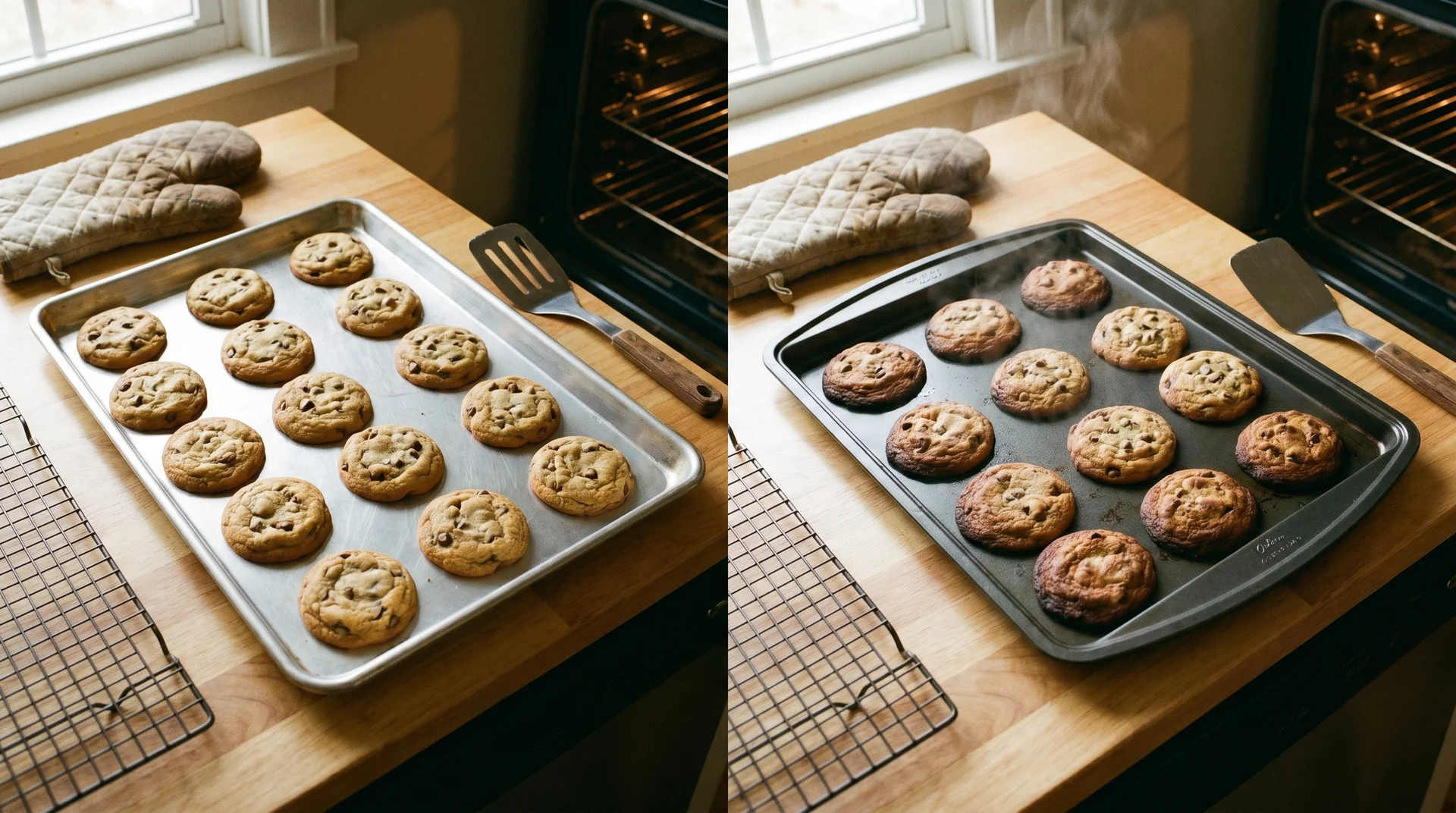Evenly browned cookie bottoms on bare aluminum baking sheet beside darker bottoms from a nonstick baking sheet
