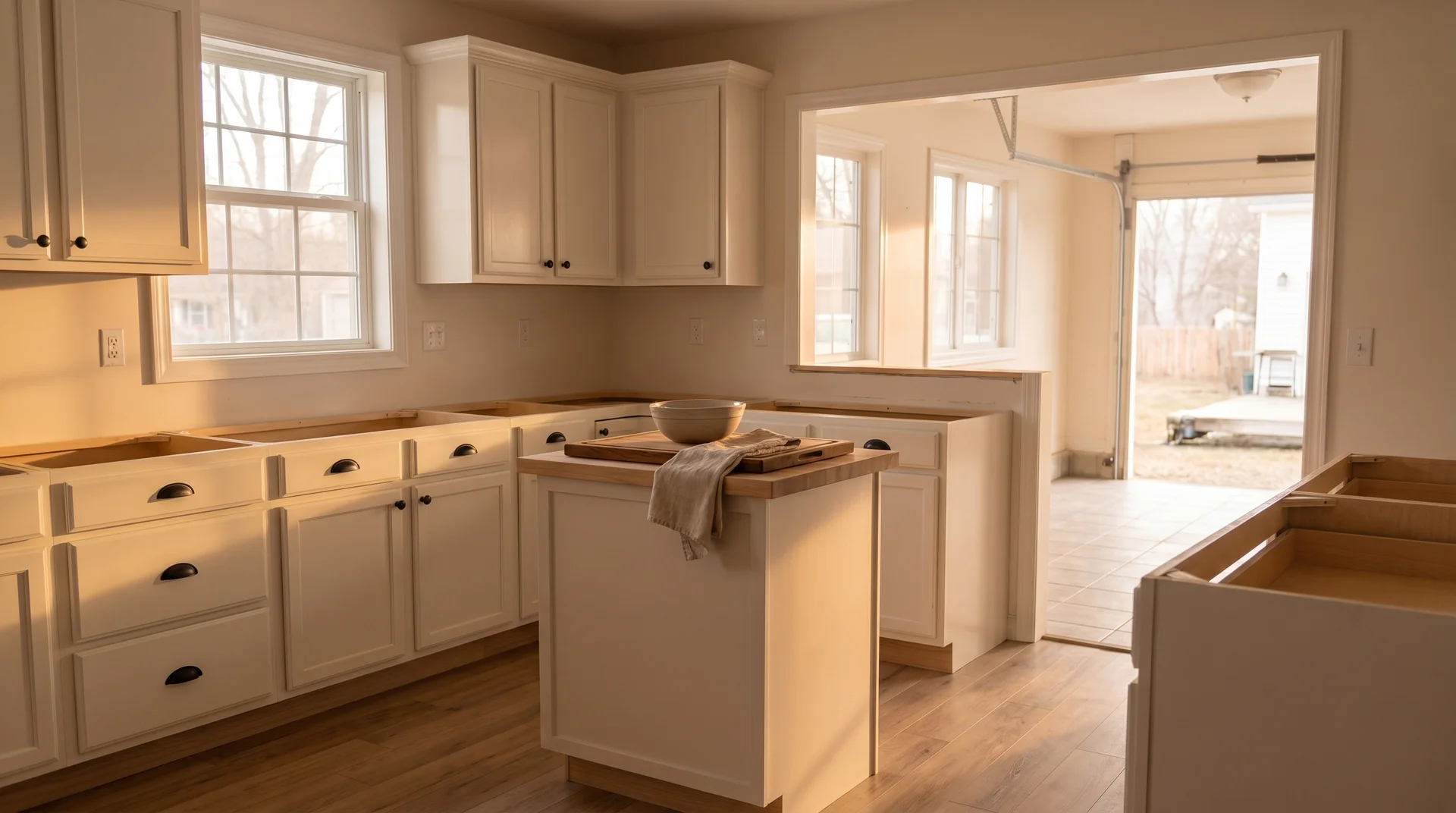 Finished painted kitchen cabinets with newly installed hardware