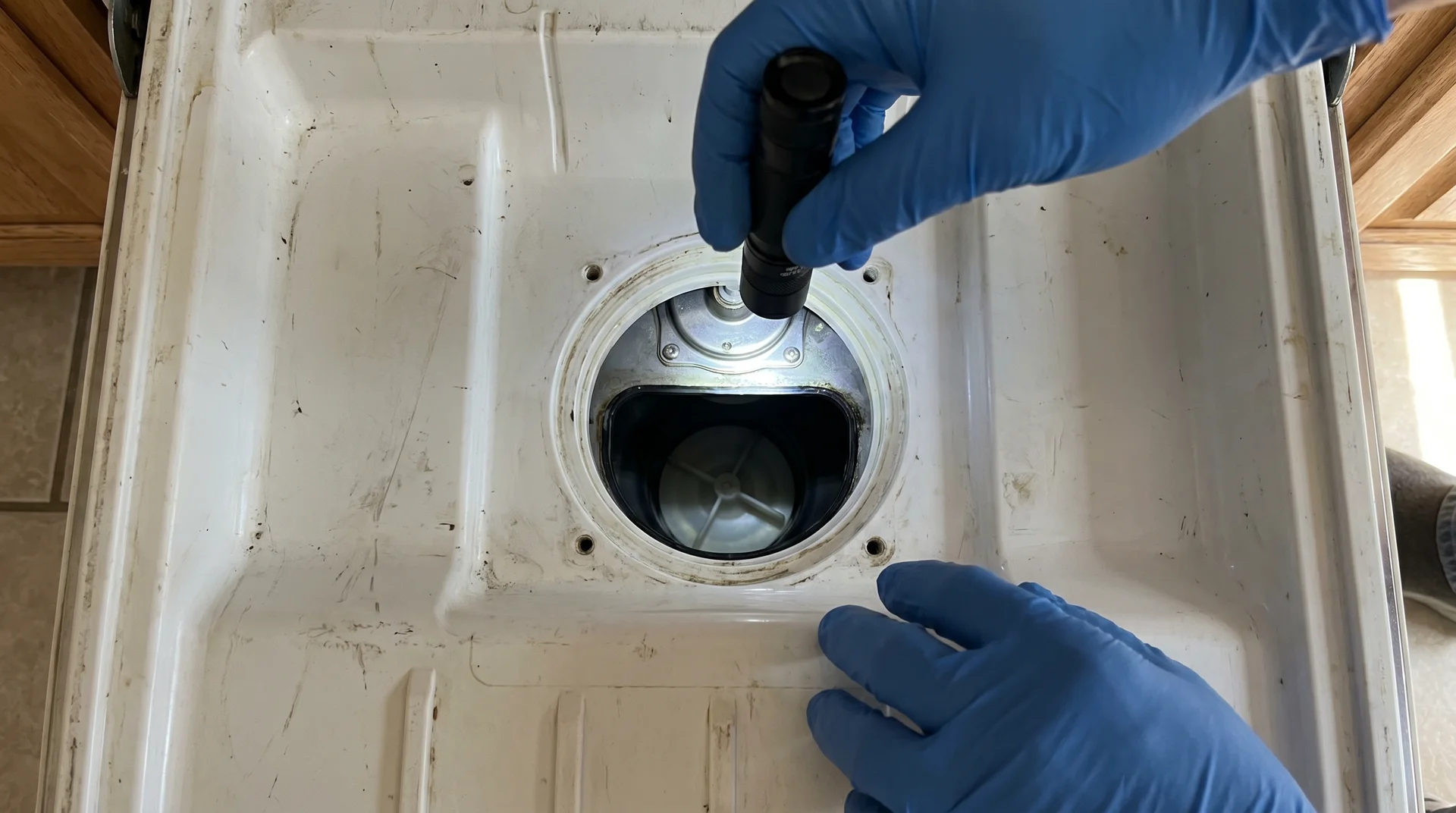 Flashlight beam illuminating dishwasher sump cavity with filter removed, pump impeller visible below
