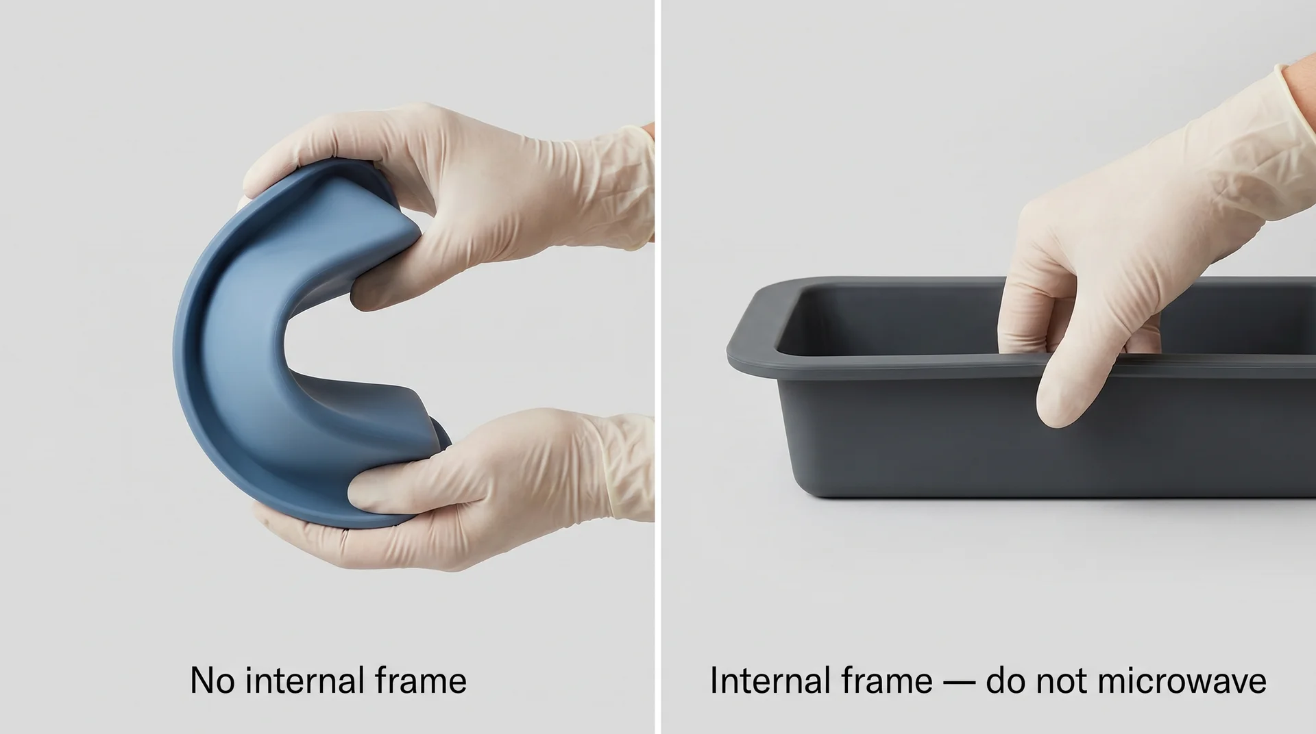 Flexible vs. rigid silicone bakeware — identifying internal metal frames before microwaving 