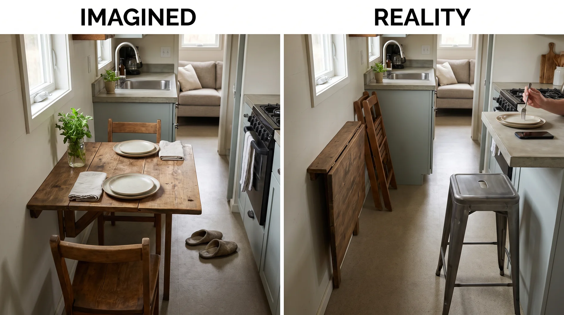 Fold-down dining table in tiny house kitchen shown extended blocking the walkway versus folded flat against wall with counter stool in daily use
