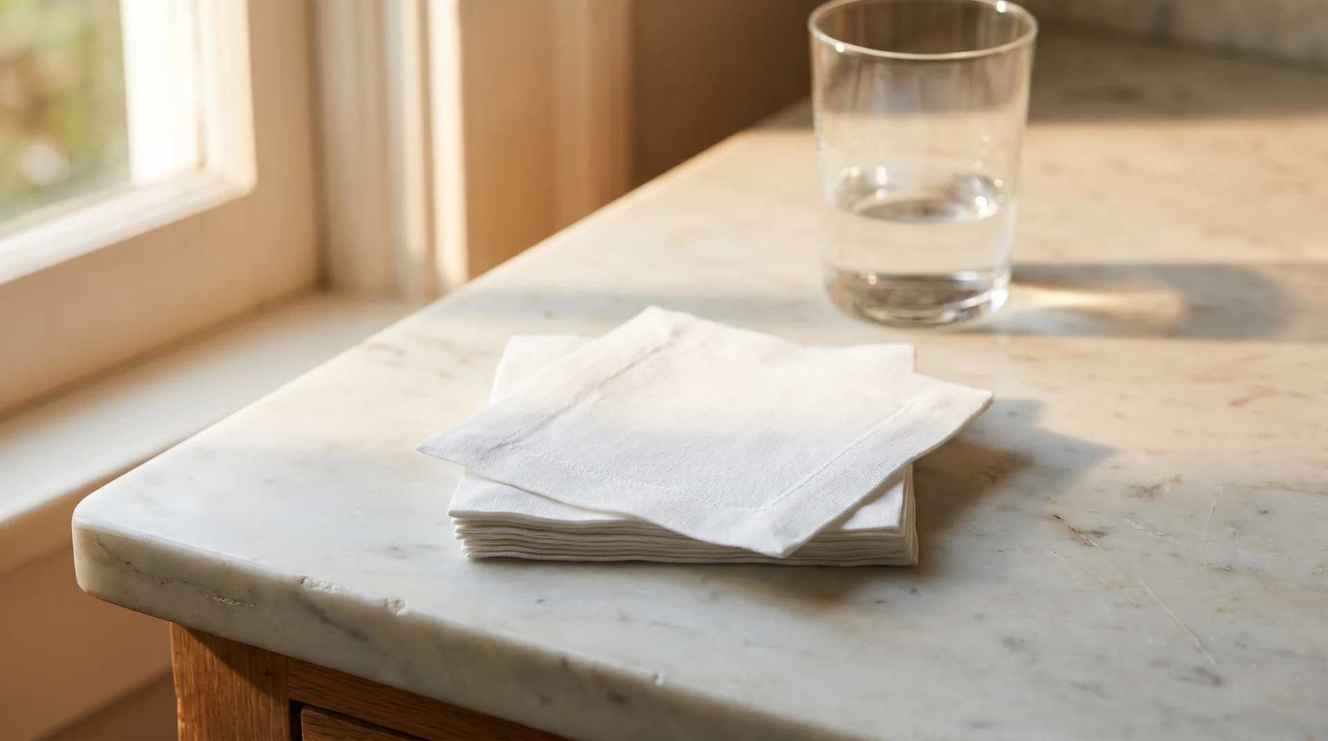 Folded cocktail napkins stacked beside a highball glass on a marble countertop, ready for a home gathering