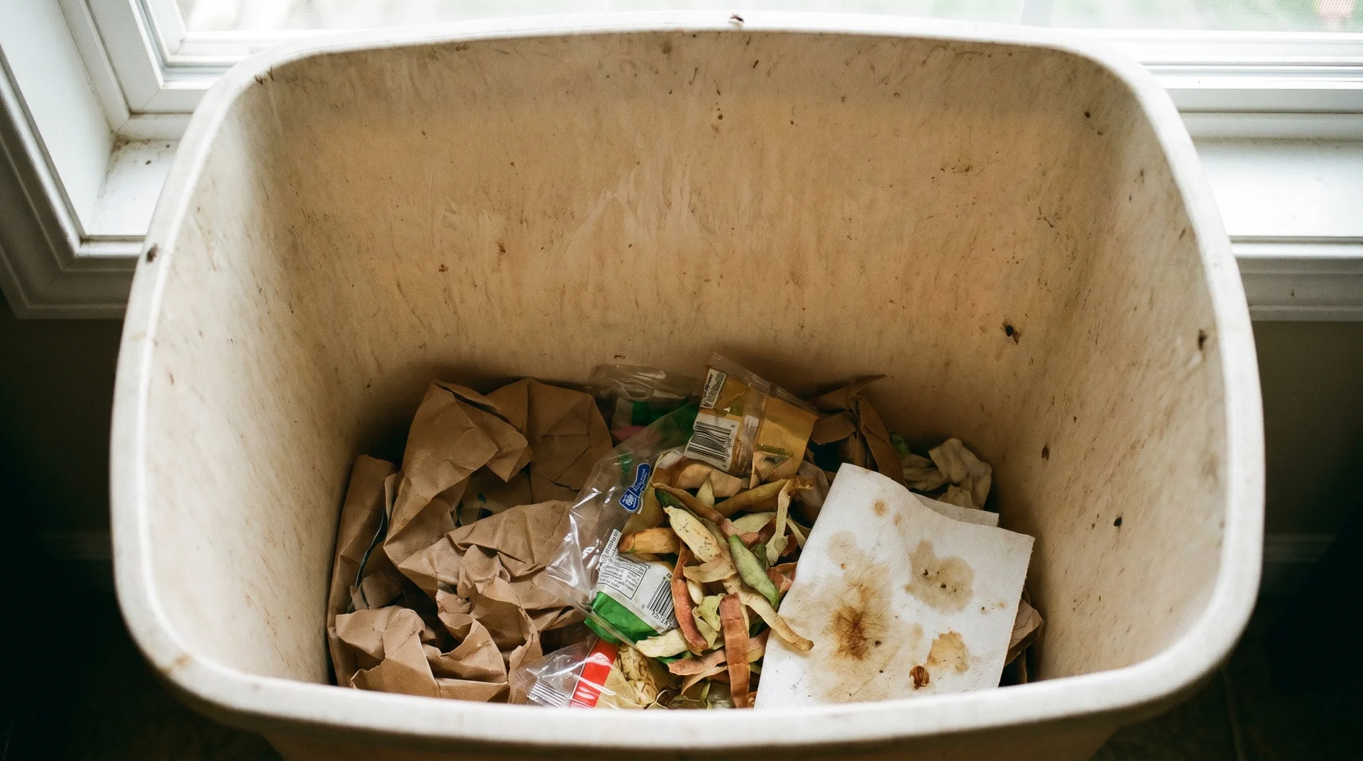 Food scraps sitting at the bottom of an oversized kitchen trash can that is only one-third full
