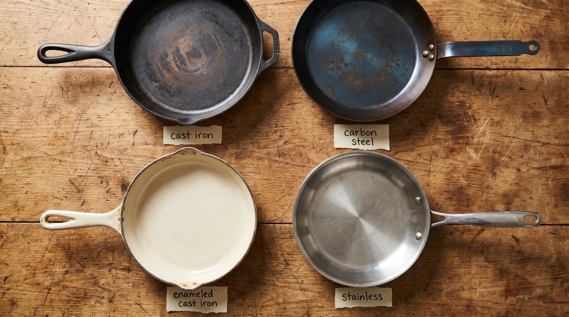 Four PFAS-free pan types: cast iron, carbon steel, enameled cast iron, and stainless steel arranged on wooden surface