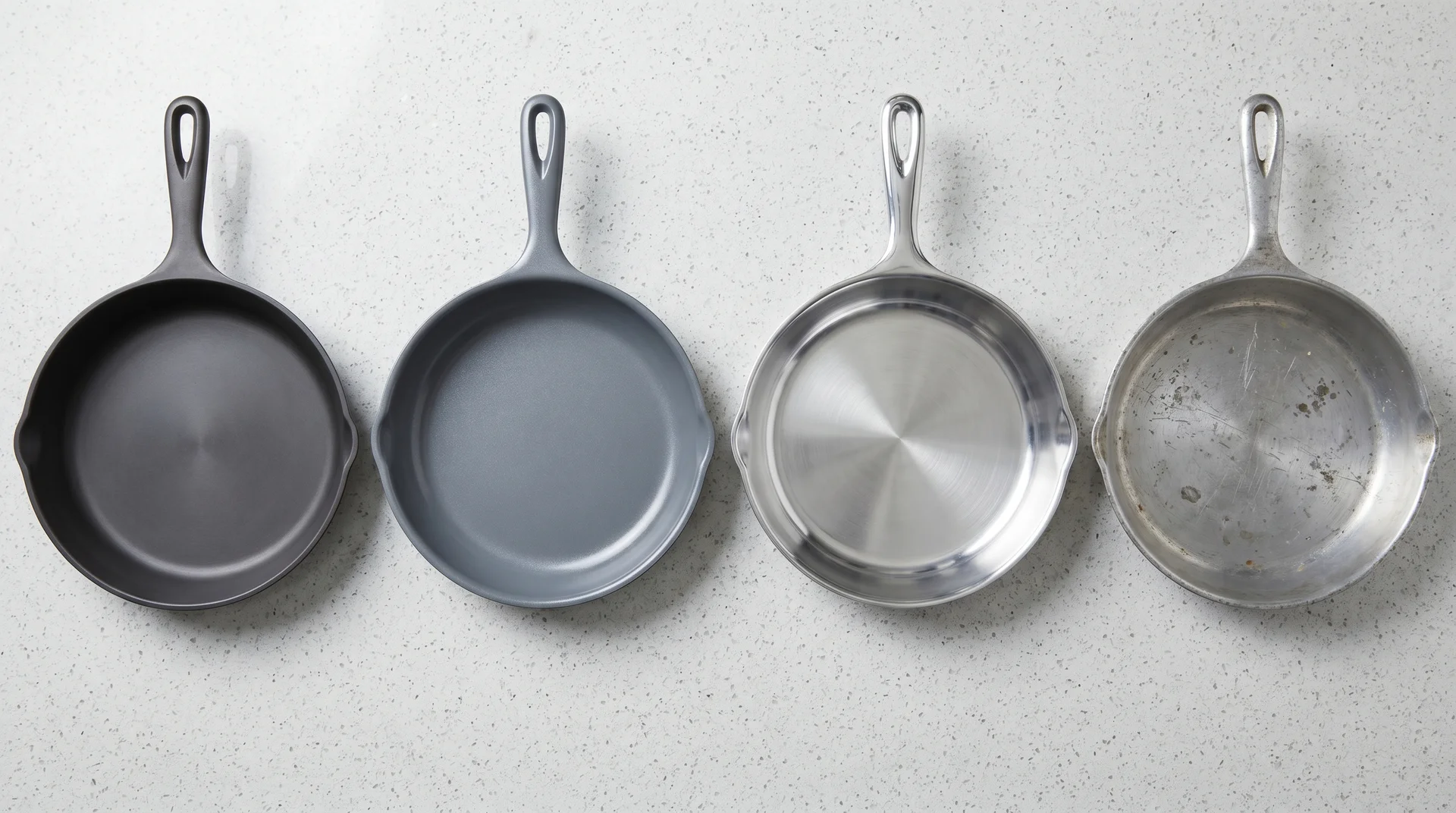 Four cast aluminum pan surfaces side by side showing anodized, coated, bare, and damaged aluminum

