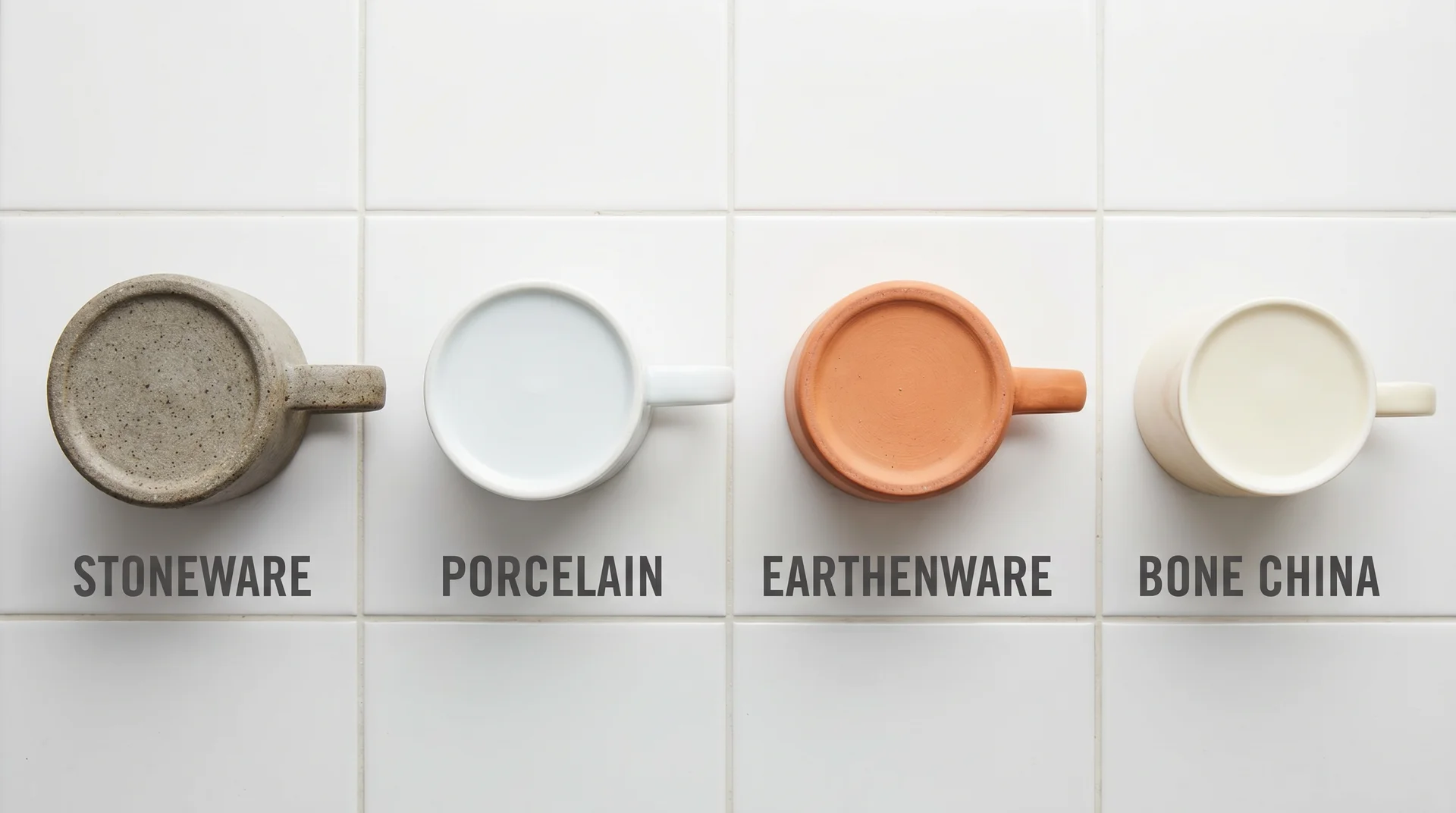 Four ceramic dish bases side by side comparing stoneware, porcelain, earthenware, and bone china textures

