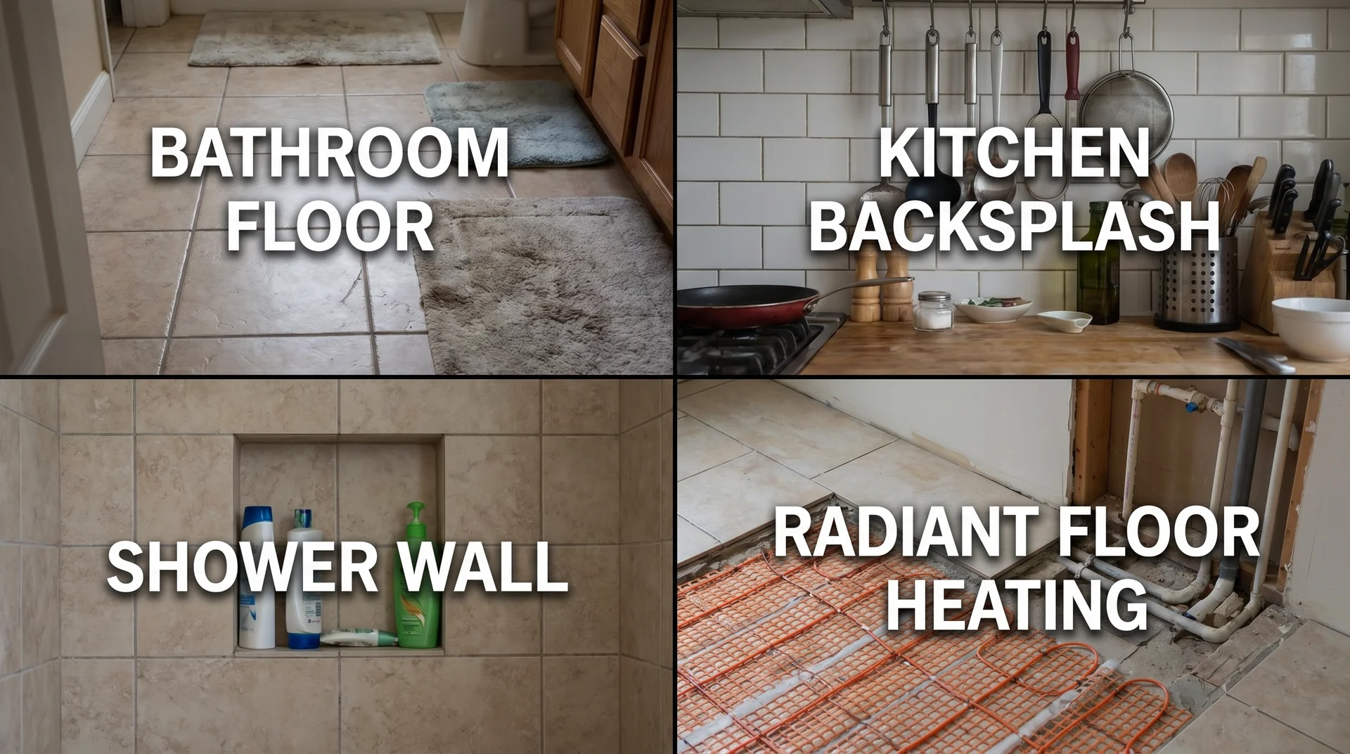 Four common tile applications — bathroom floor, kitchen backsplash, shower wall, radiant heated floor