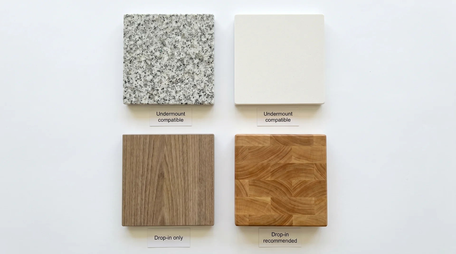 Four countertop material samples labeled by sink type compatibility — granite, quartz, laminate, butcher block