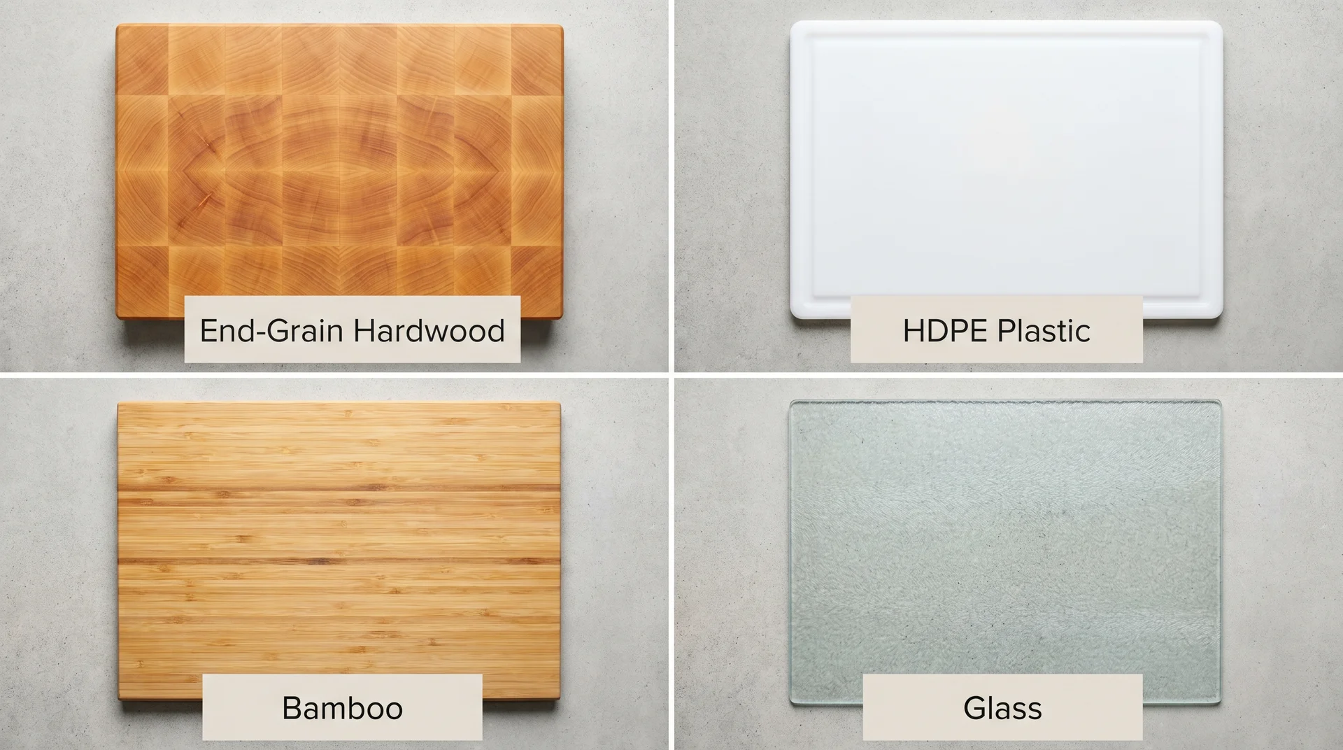 Four cutting board materials side by side — end-grain hardwood, HDPE plastic, bamboo, and glass — for comparison 