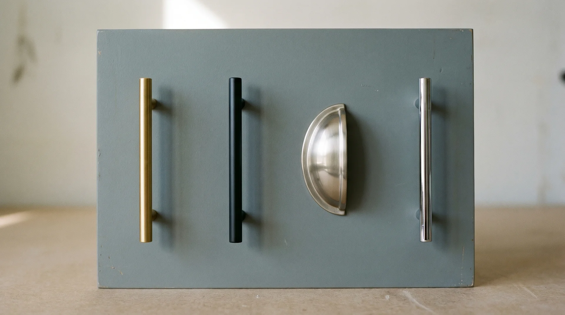 Four hardware finishes on a blue-gray painted cabinet panel showing how brass, black, nickel, and chrome each affect the palette