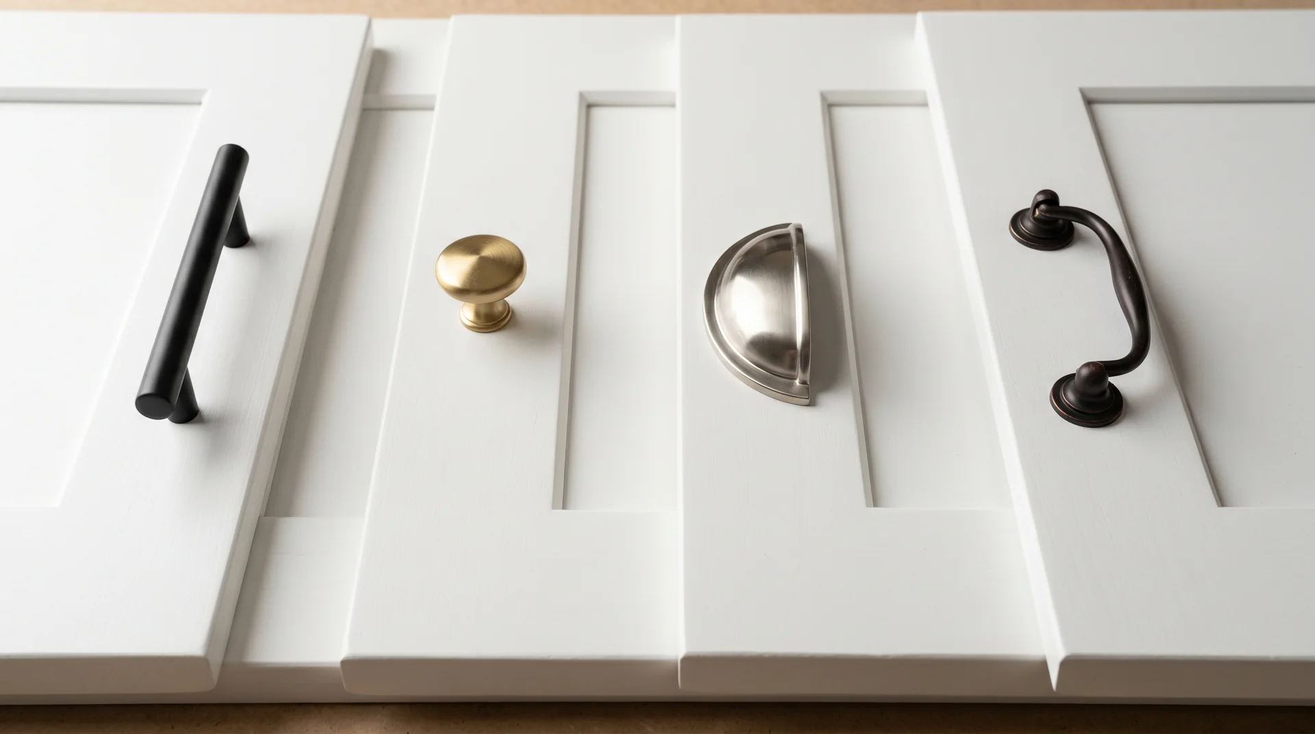 Four hardware finishes on white shaker cabinet doors — matte black, brushed brass, brushed nickel, oil-rubbed bronze 