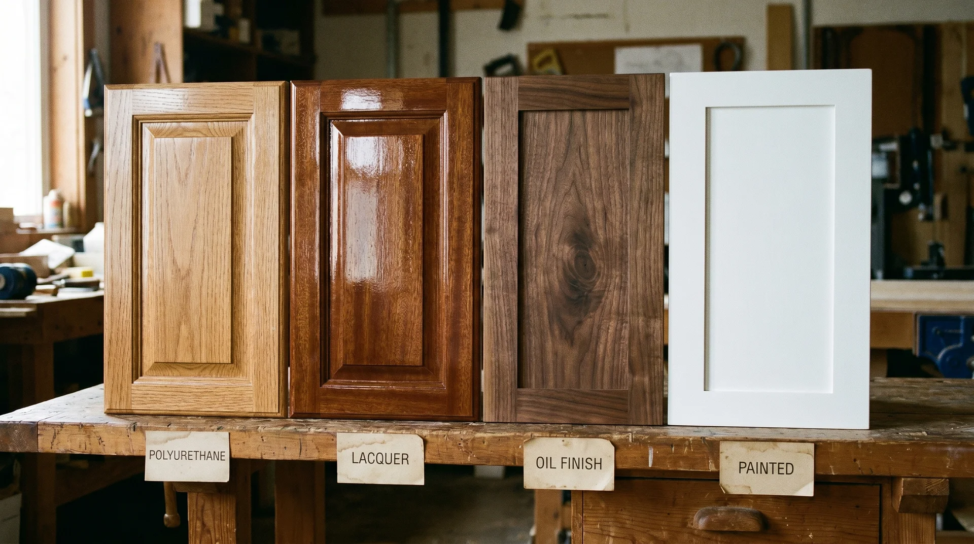 Four kitchen cabinet finish types side by side: polyurethane,
lacquer, oil finish, and paint