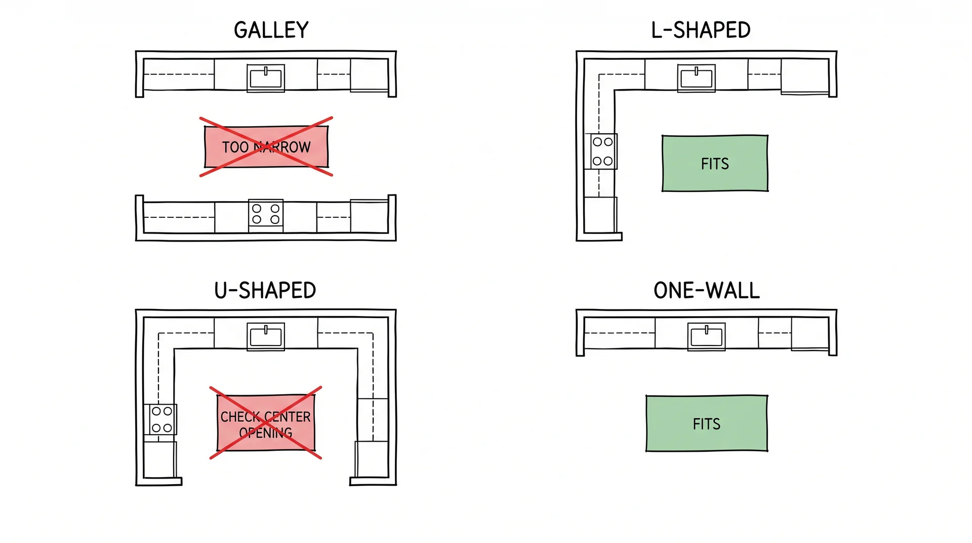 Four kitchen layout types showing which configurations can support an island