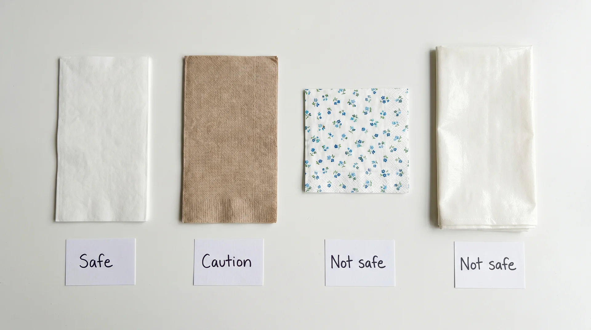 Four napkin types side by side labeled by microwave safety: plain white, recycled, printed, and wax-coated
