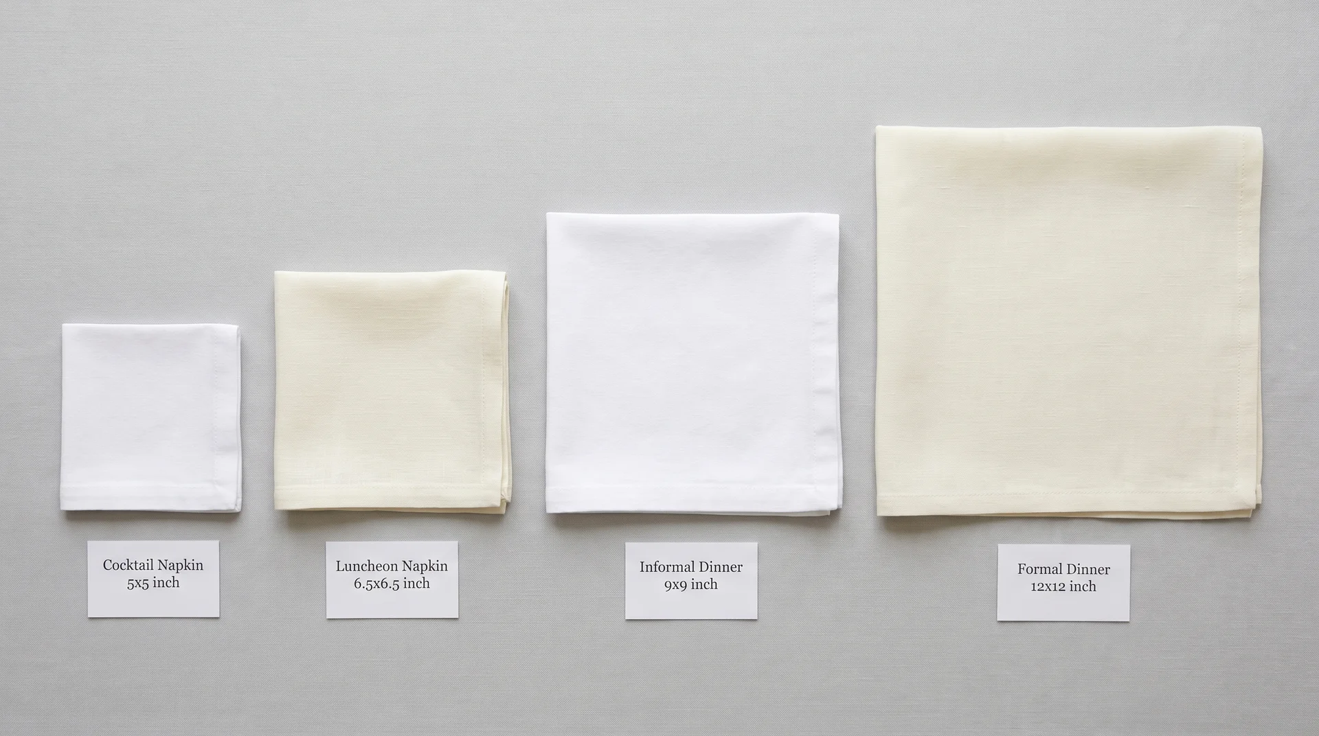 Four napkins arranged left to right showing size progression from cocktail to luncheon to informal dinner to formal dinner
