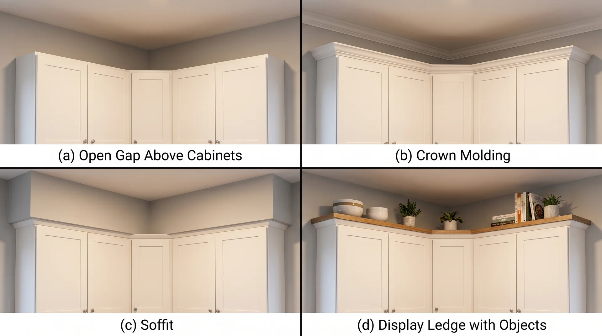 Four options for the gap above kitchen cabinets: open, crown molding, soffit, display ledge