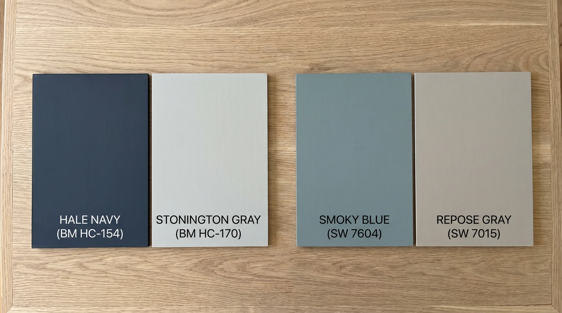 Four paint color sample boards showing two recommended blue and gray pairings for two-tone kitchen cabinets

