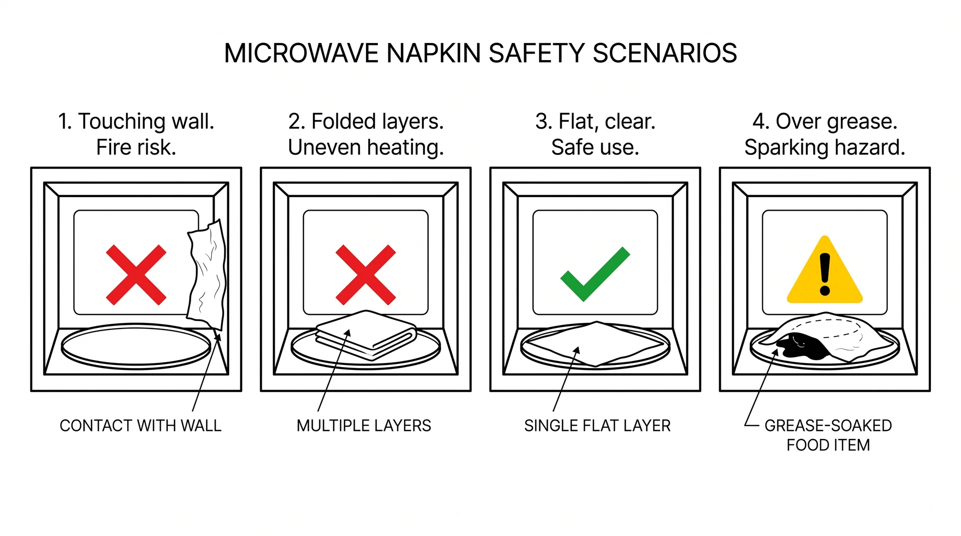Four-panel diagram showing safe and unsafe napkin configurations inside a microwave cavity
