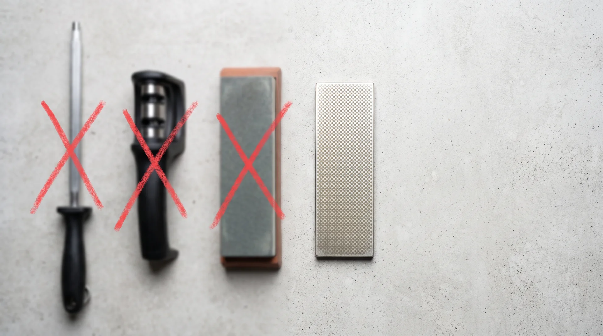 Four sharpening tools compared — only the diamond stone sharpens ceramic knife blades