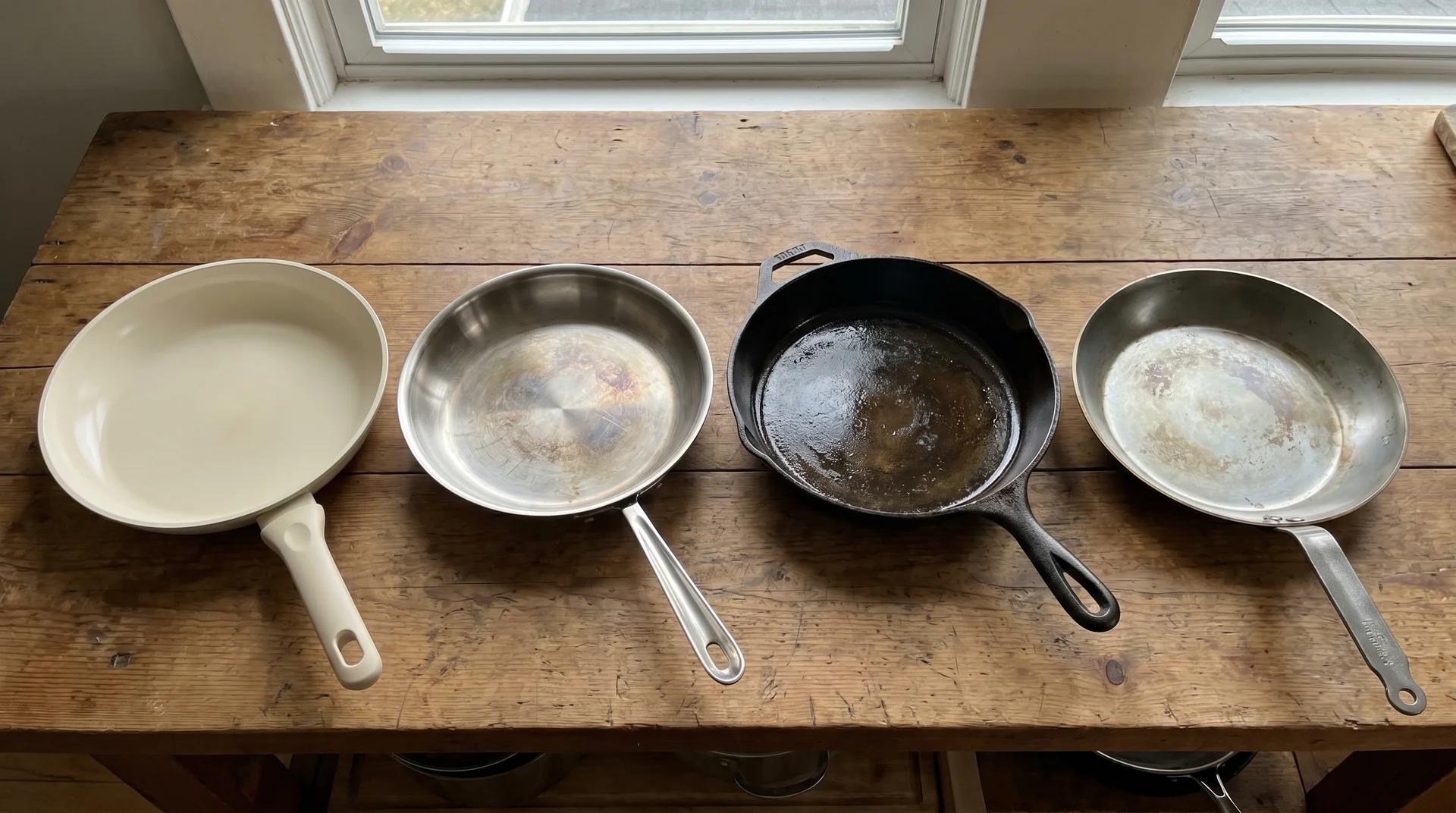 Four skillets compared side by side: ceramic-coated, stainless steel, cast iron, and carbon steel