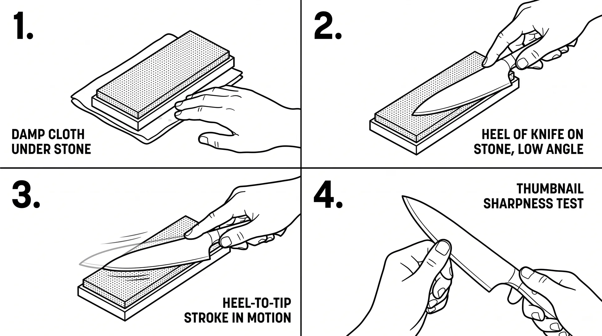 Four-step ceramic knife sharpening sequence — setup, angle, stroke, and sharpness test